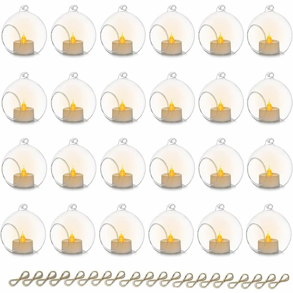 Sziqiqi 24 Pièces Bougeoir en Verre Suspendu de Bougies LED, 8cm Boules de Verre Creatives Décoration Aux Chandelles pour Table de Mariage Fête Décorations de Noël Anniversaire Bougeoir Decoratif
