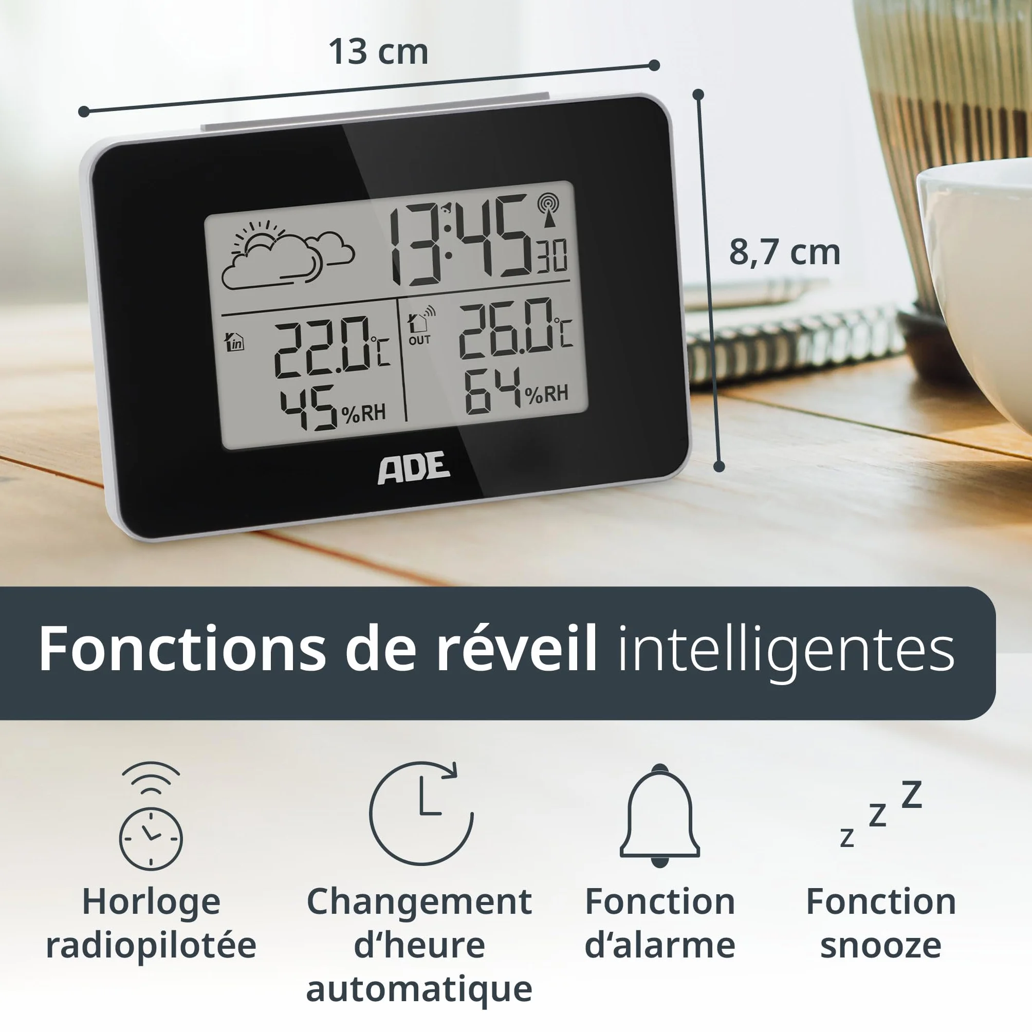 ADE Station météo intérieur avec capteur extérieur thermomètre hygromètre horloge DCF alarme écran LED noir
