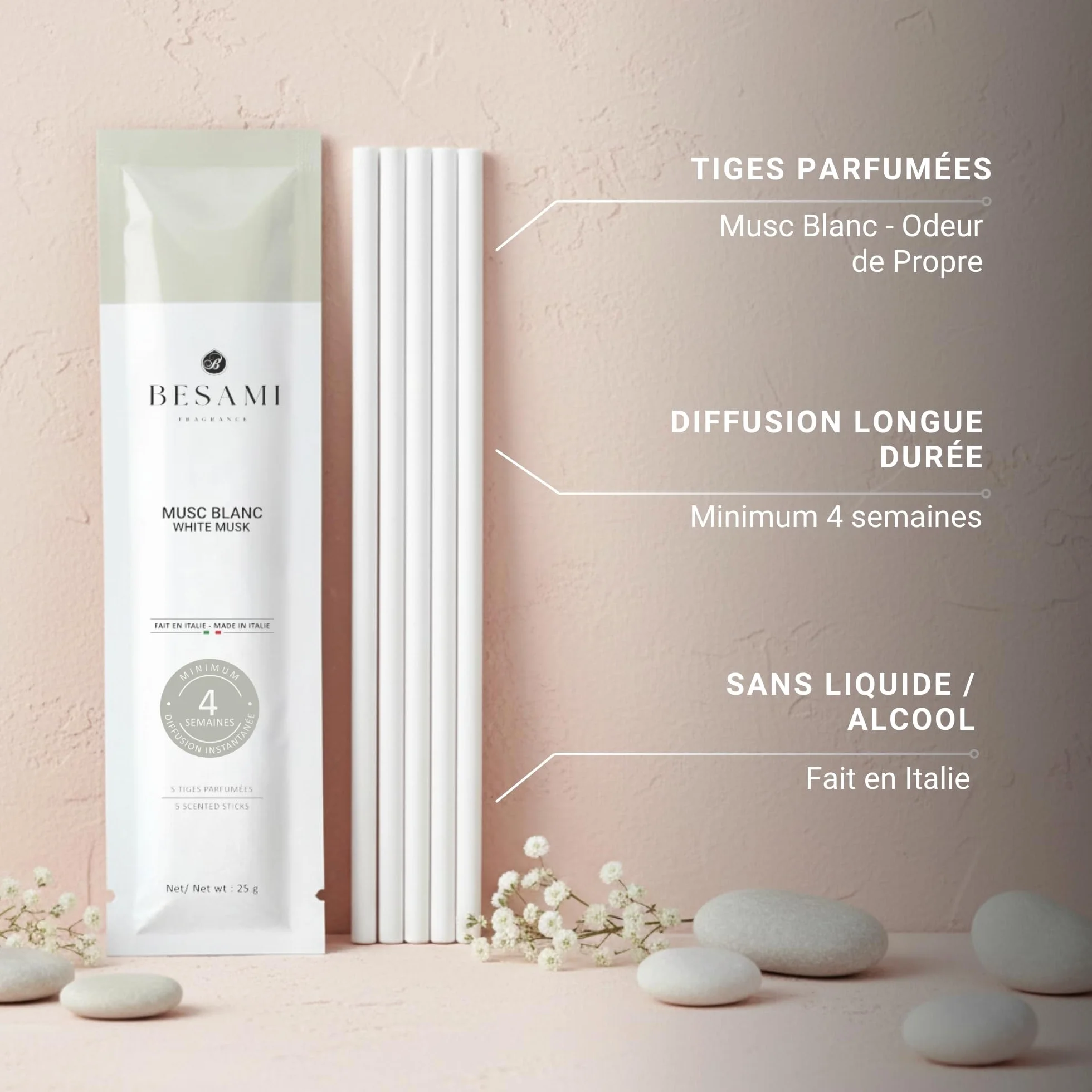 BESAMI Diffuseur Parfum Maison Musc Blanc Bâtonnets Solides Sans Huile ni Alcool 4 Semaines Coffret Cadeau
