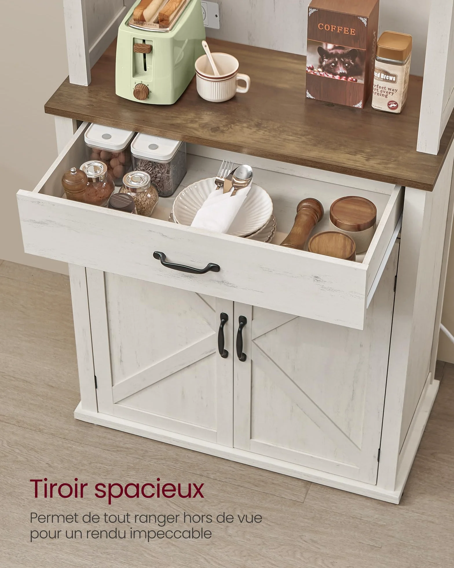 VASAGLE Meuble de Rangement avec Lumières et Chargeur, Placard de Cuisine, avec Portes et Tiroirs, 39,5 x 80,4 x 180,6 cm, Étagères Réglables, Style Campagne, Blanc Rustique et Marron Miel BBK363W22V1