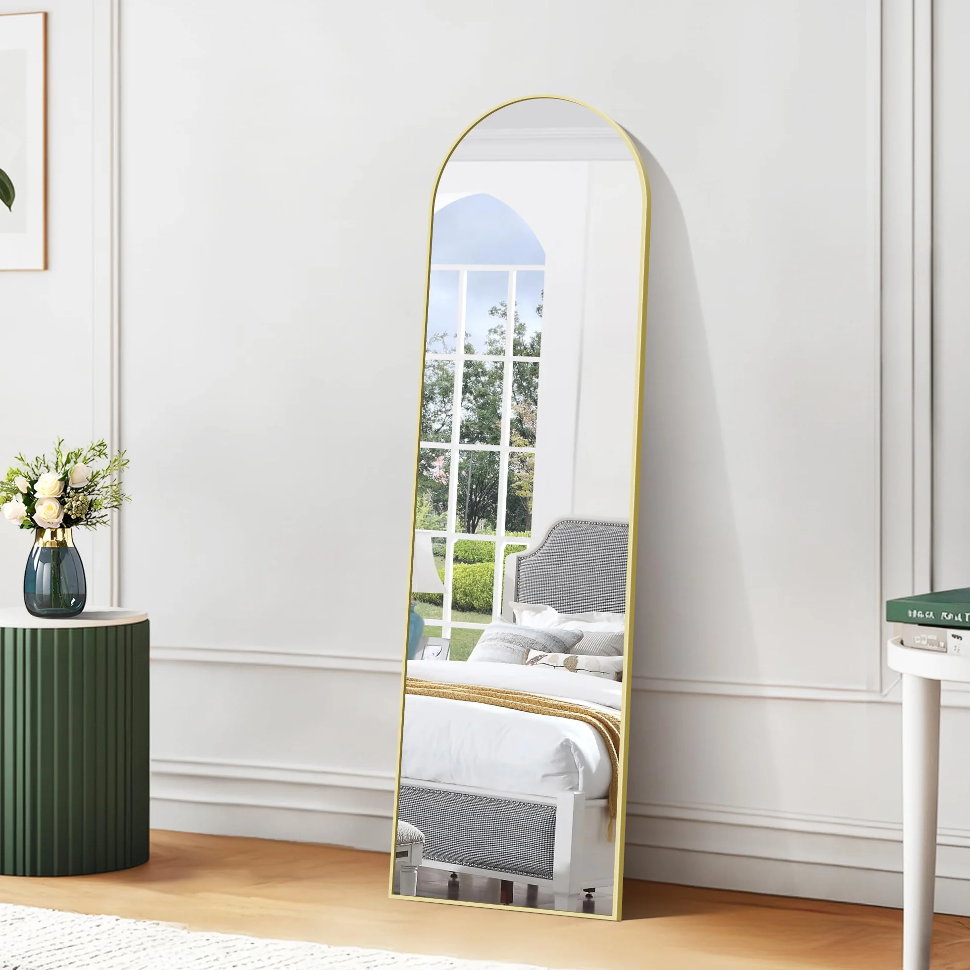 Grand Miroir sur Pied 150 x 40 cm, Miroir Arqué Pleine Longueur Cadre Aluminium Or pour Chambre, Entrée, Couloir