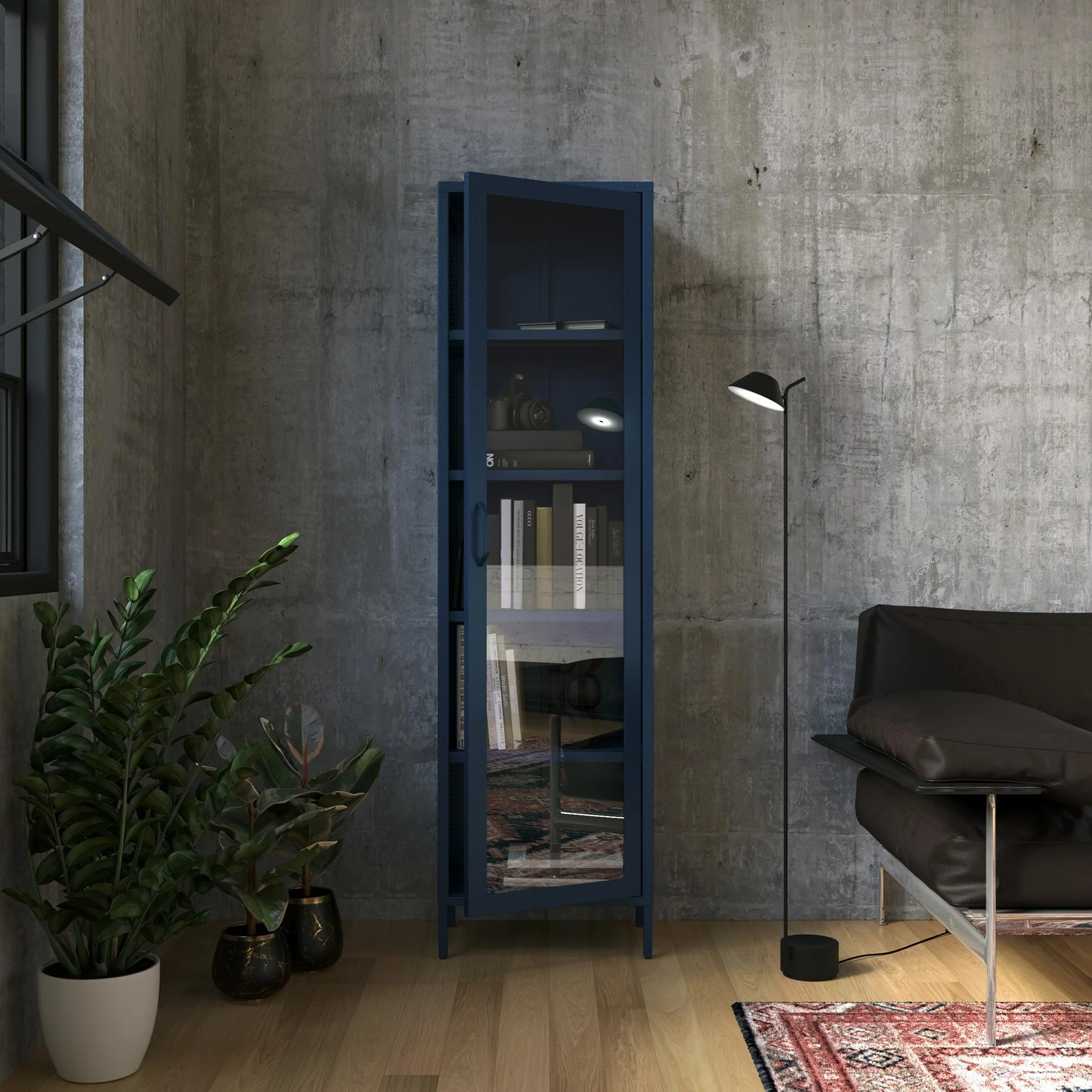 Jan Nowak Luigi Armoire vitrine à 1 Porte - 50 x 180 x 35 cm - 4 étagères réglables - Verre trempé - Montage Mural - Vitrine en Verre Debout - Armoire de Salon Scintillante - Bleu foncé