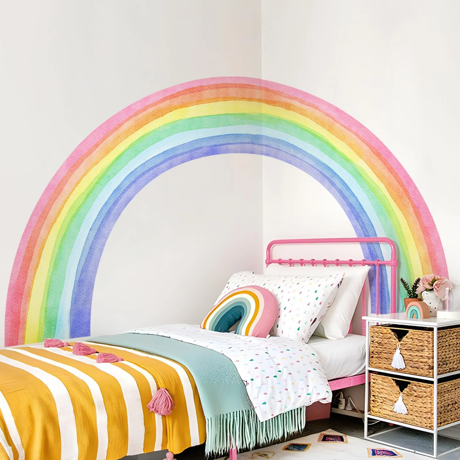 Autocollant Mural Arc en Ciel Aquarelle Grand Format 210x108cm Vinyle Deco Chambre Fille Nursery Salle de Jeux