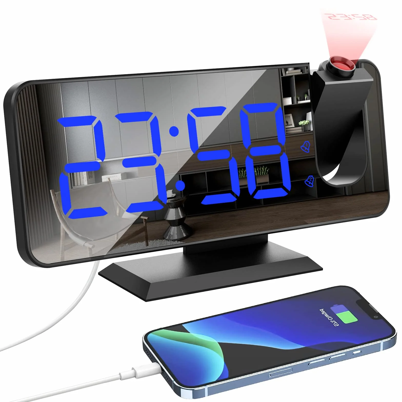 Xakay Réveil Projecteur 180° Plafond, Horloge Numérique LED Miroir 7.3 Pouces, Double Alarme, 12/24H, Snooze, 4 Niveaux Luminosité