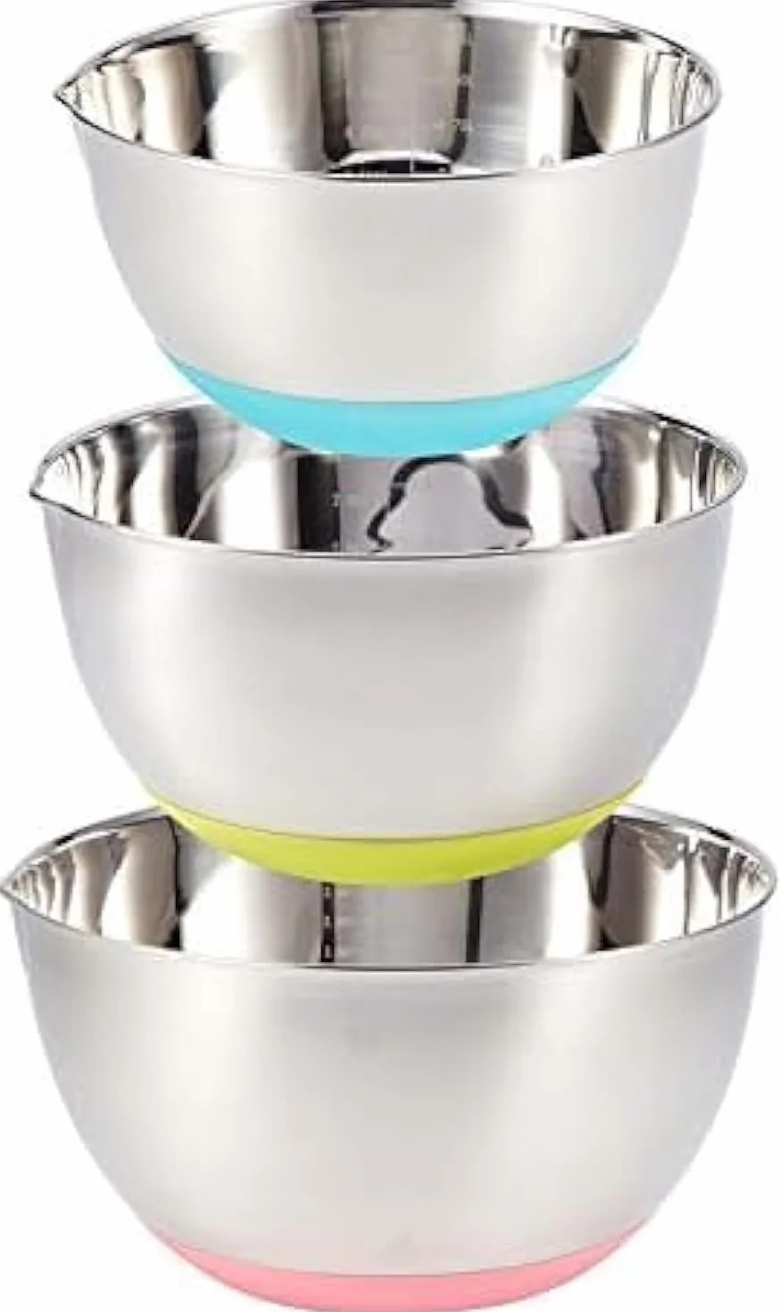 Bol Inox 3 Pièces Bol à Mélanger en Acier Inoxydable, Saladier avec Bec Verseur et Base en Silicone Antidérapante,1.5L,3L,5L Bol