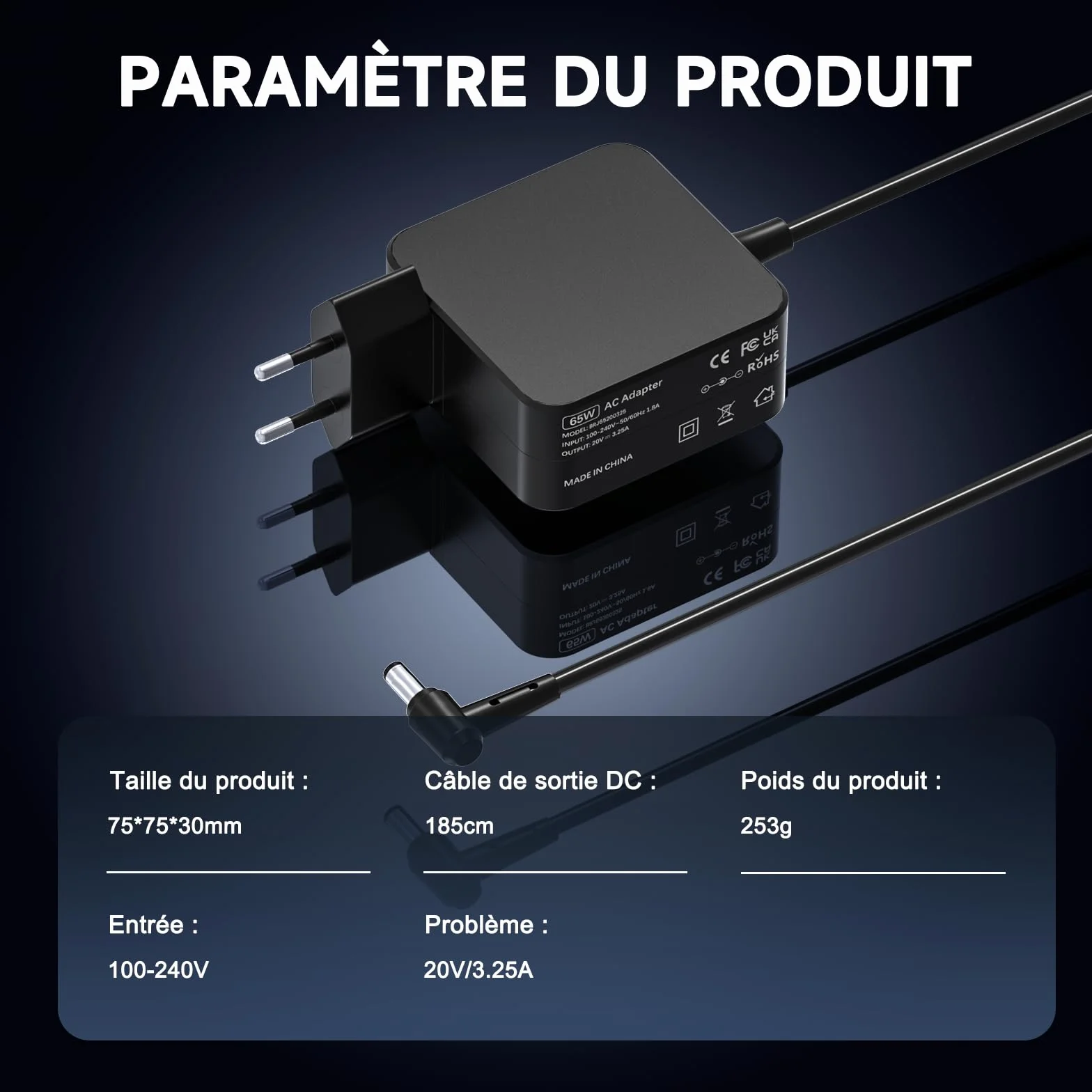 Chargeur Ordinateur Portable 65W Compatible Lenovo ideapad 3 5 330 330S 320 320S 310 100 110 120S 510S 530 710 S145 S340 S540 L340 C340 Adaptateur