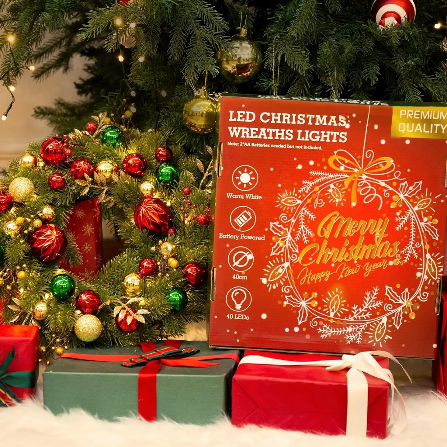 Avoalre 40CM Couronne de Noël LED Piles avec Minuterie 8 Modes Couronne de Noël Lumineuse pour Porte d'entrée Cheminée Mur Festival de Noël Décoration de la Maison
