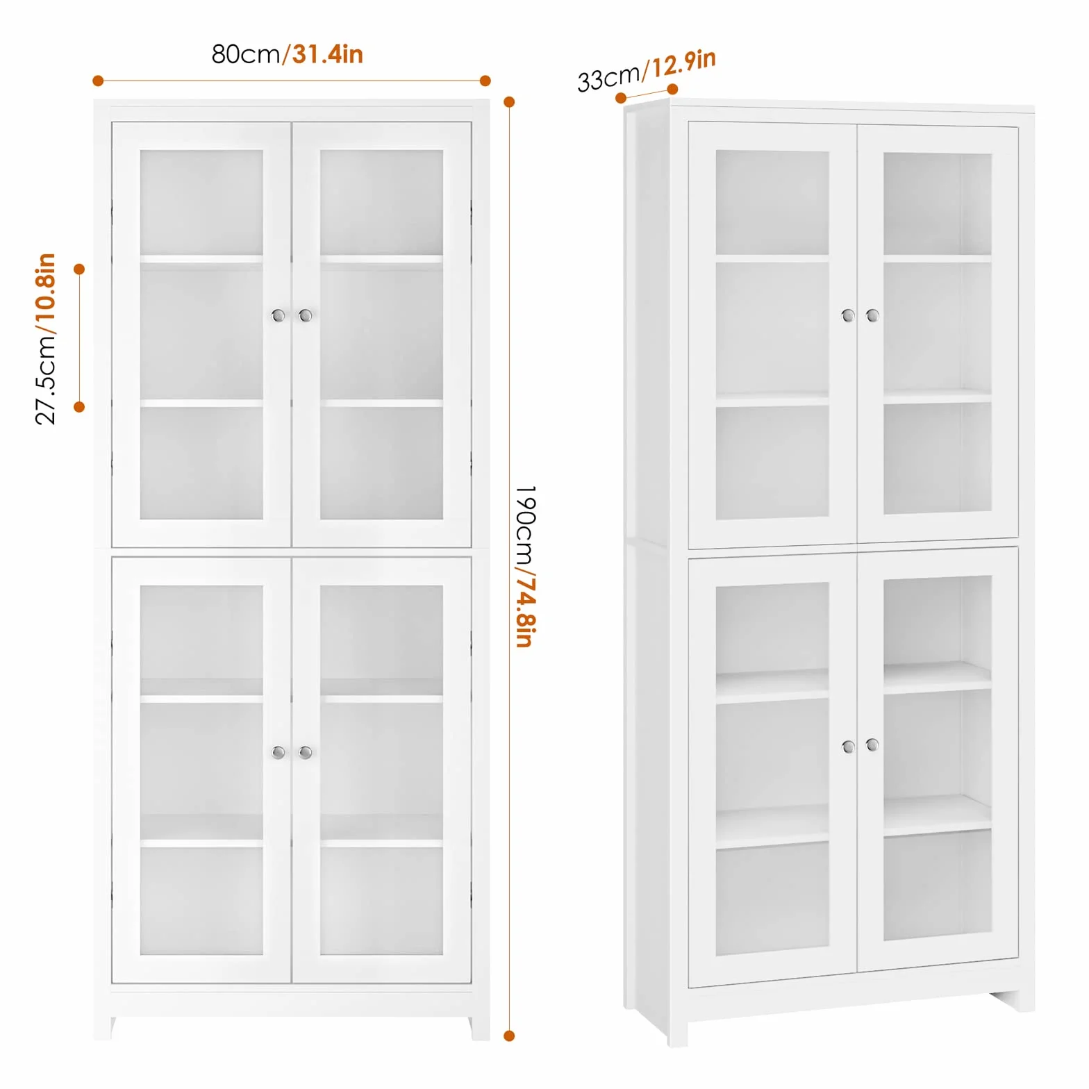 FOREHILL Vitrine en Verre 190cm Armoire Cuisine Haute avec 4 Portes Vitrées Meuble Vitrine Salon Bibliothèque avec 6 étagères de Rangement en Bois Blanc