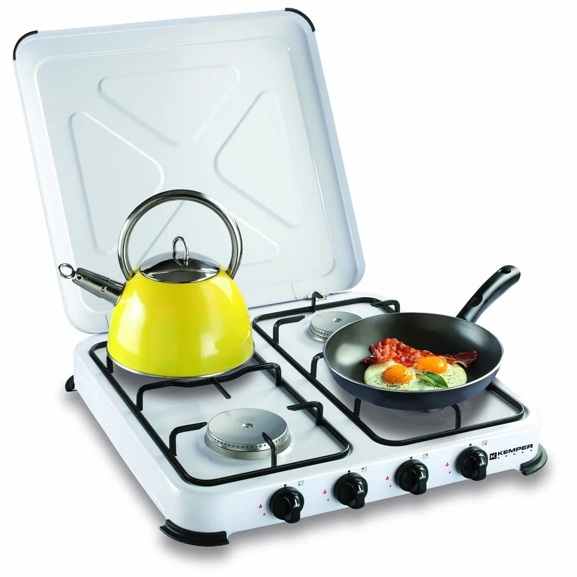 KEMPER - Plaque de cuisson gaz portable 4 feux - Réchaud gaz 4650W Blanc Couvercle et grilles amovibles Ideal Camping, Balcon, Cuisine Exterieure
