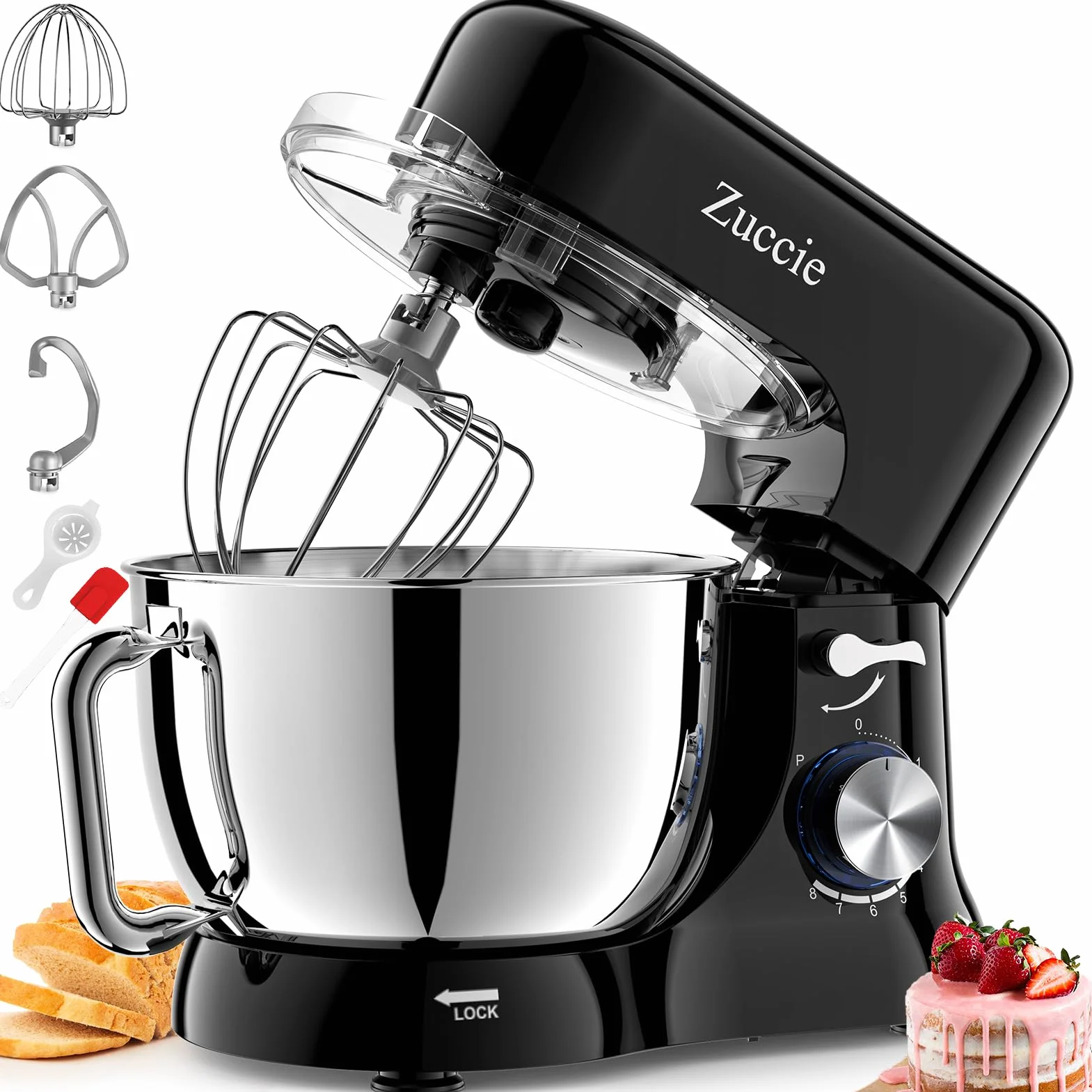 Robot Patissier, Zuccie 5 L Robot Pâtissier, 1000W Robot Cuisine avec Fouet, Batteur, Crochet, Bol d'Acier Inoxydable et Pare-éclaboussures, 8+P Vitesses Robot Pétrin Professionnel (Noir)