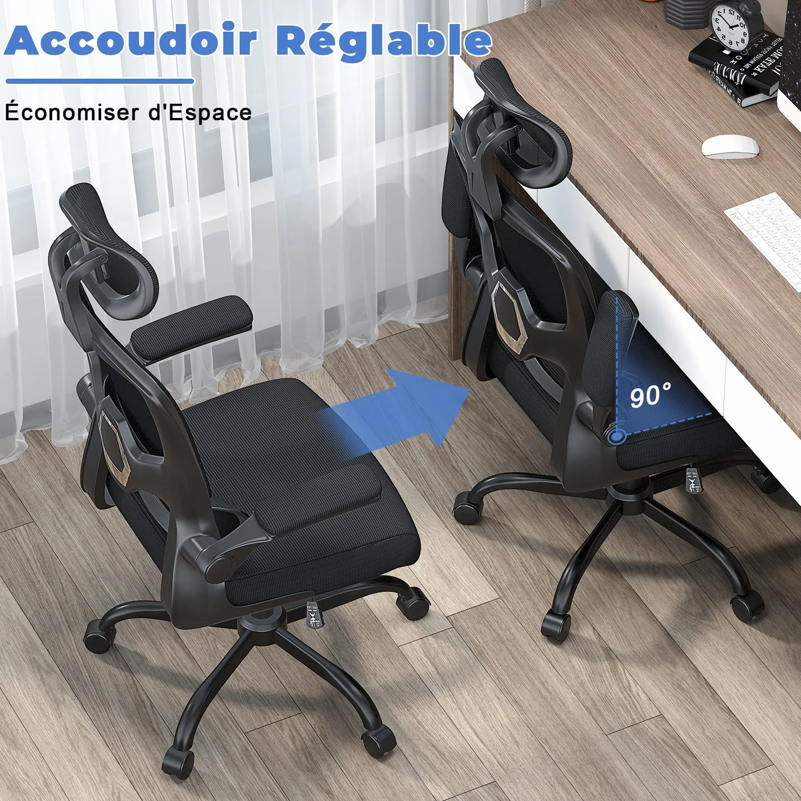 Chaise de Bureau Ergonomique Fauteuil Bureau Support Lombaire Dossier Appui-tête Réglables Accoudoir Réversible Siège Maille Respirante Noir