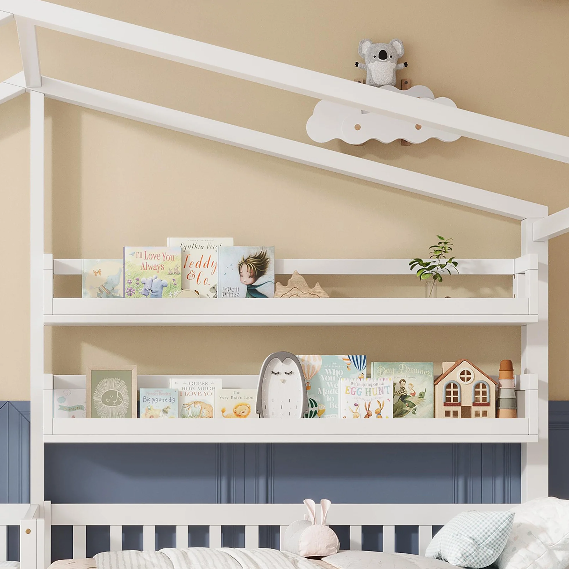 Merax Lit de maison, avec tiroirs et étagères, lit d'enfant, 90 x 200 cm et 140 x 70 cm, lit de jeu en bois massif avec clôture et sommier à lattes, structure en L, pour 2 enfants, lit double, blanc