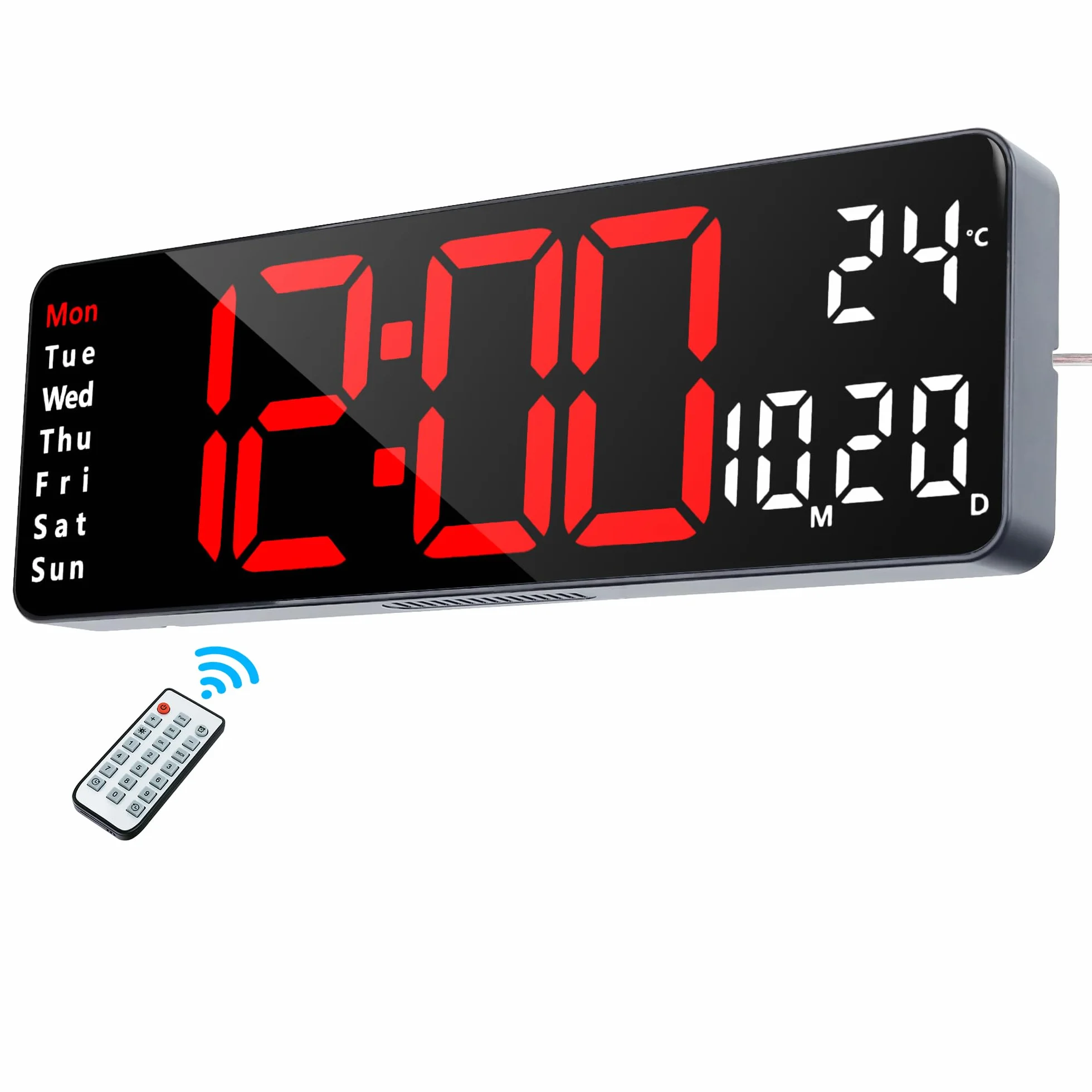 Lafocuse Horloge Numérique Murale LED 32cm avec Télécommande Température Date Jour Alarmes 12/24H Luminosité Réglable Rouge