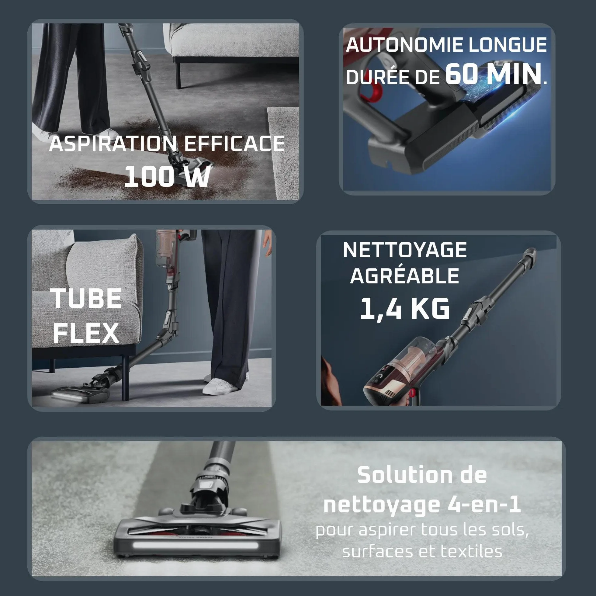 Rowenta X-Pert Flex 6.80, Aspirateur Balai sans Fil Multifonction, 100W, Autonomie 60 Minutes, Flex, Eclairage LED, Suivi Facile, RH6495E0