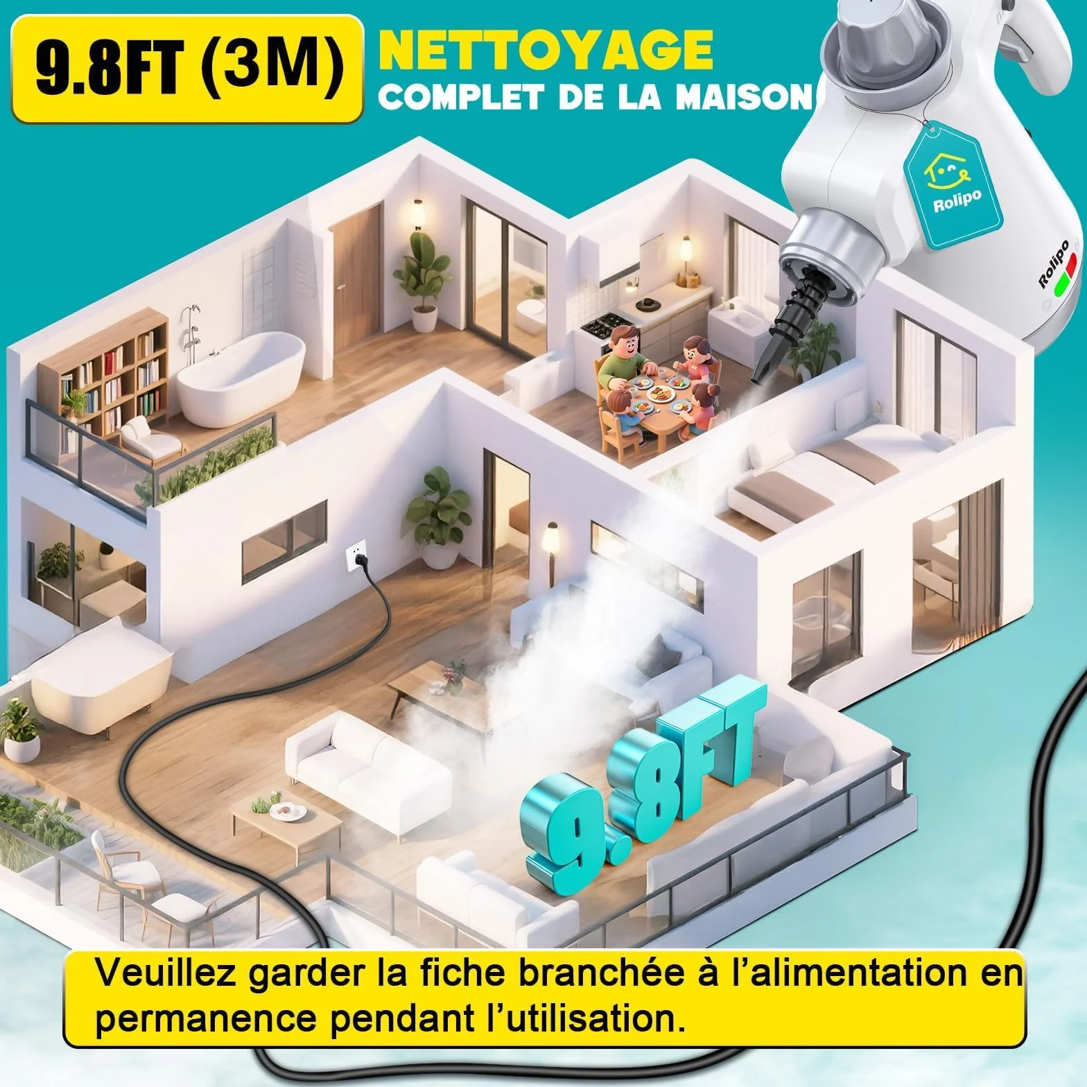 Nettoyeur Vapeur Portatif 1050W, Appareil Multifonction pour Cuisine, Salle de Bain, Voiture