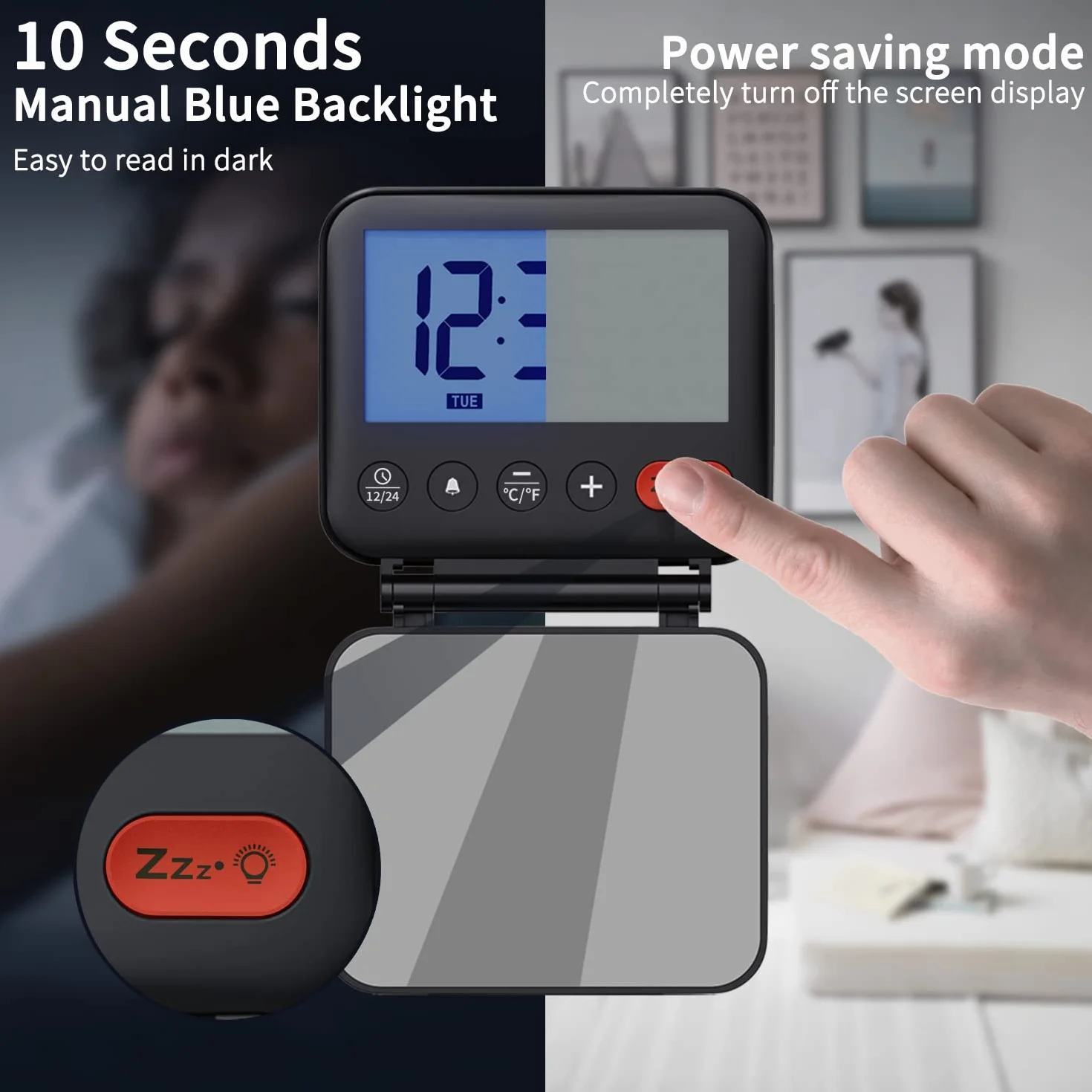 NOKLEAD Mini Horloge Numérique LCD Portable Réveil de Voyage avec Calendrier Rétroéclairé 12/24H Température Miroir Pliable Piles (Noir)