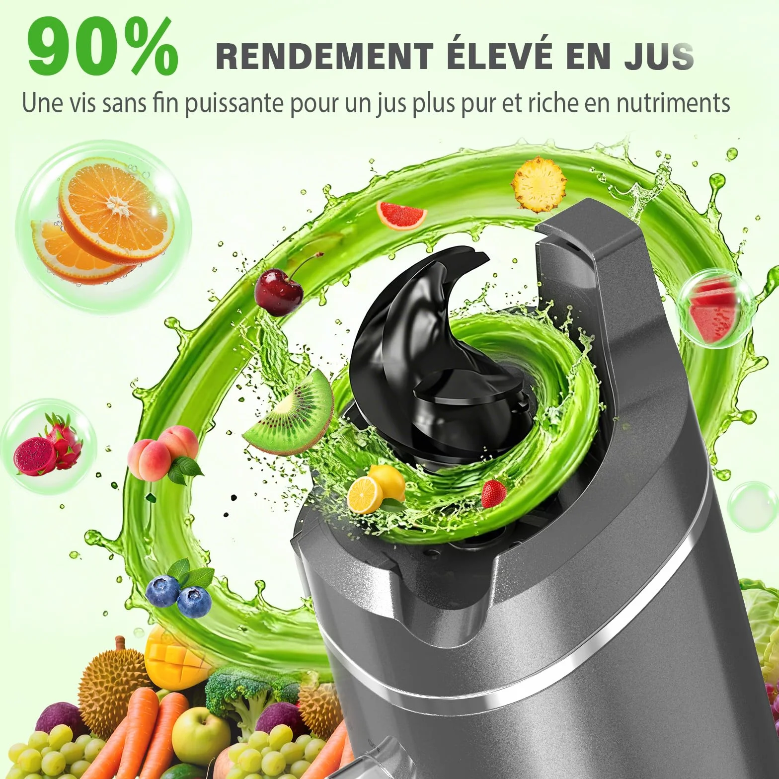 Extracteur de Jus de Fruits et Légumes, Centrifugeuse extracteurs de Jus à Froid, avec Goulotte XXL 130MM et Capacité de 2L, Rendement Élevé de 90%, Inclut Brosse de Nettoyage