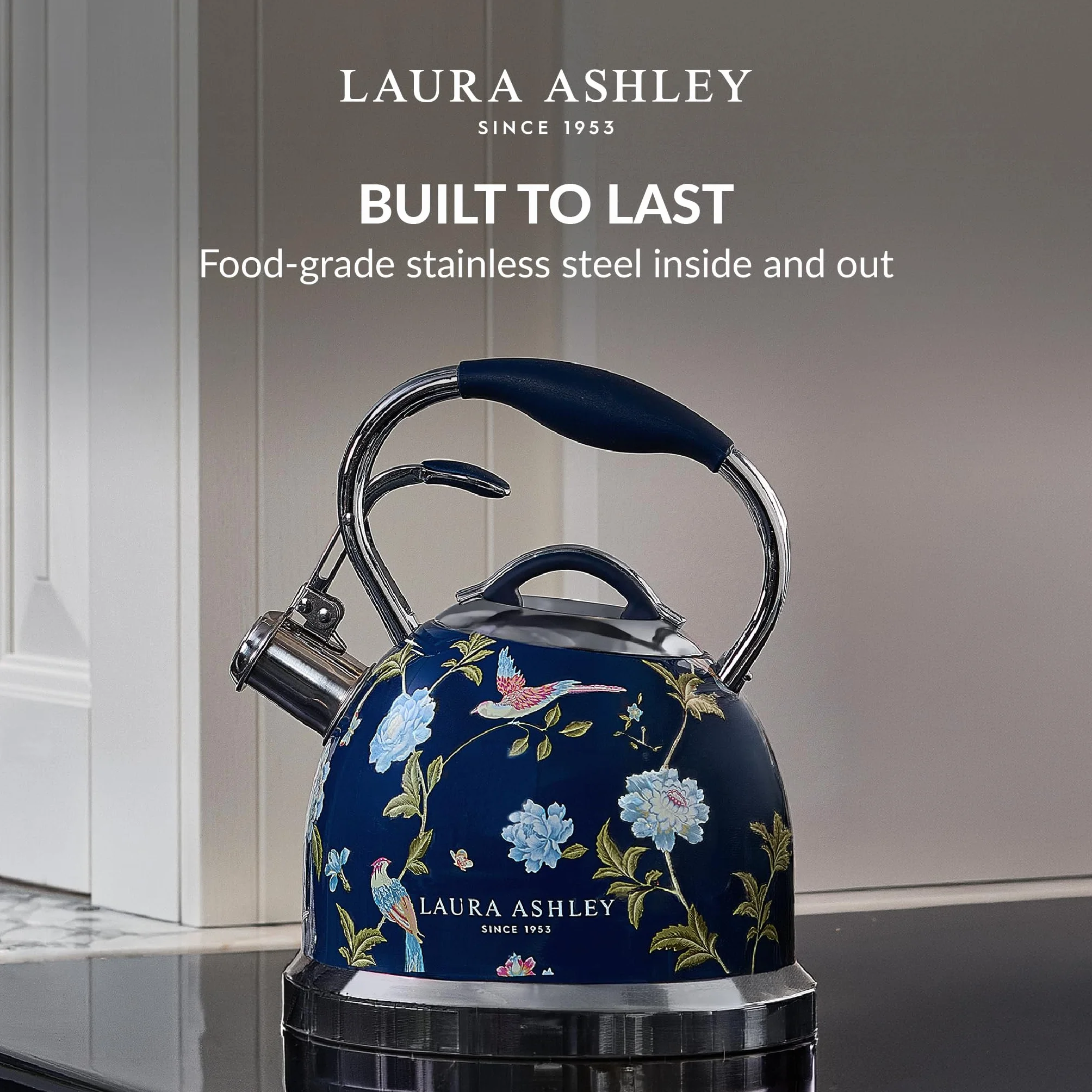 Laura Ashley Elveden Marine Bouilloire Induction de 2,5 Litres par VQ - Bouilloire Sifflante à Ébullition Rapide pour Gaz, Induction ou Autres Cuisinières avec Mécanisme à Bouton-Poussoir