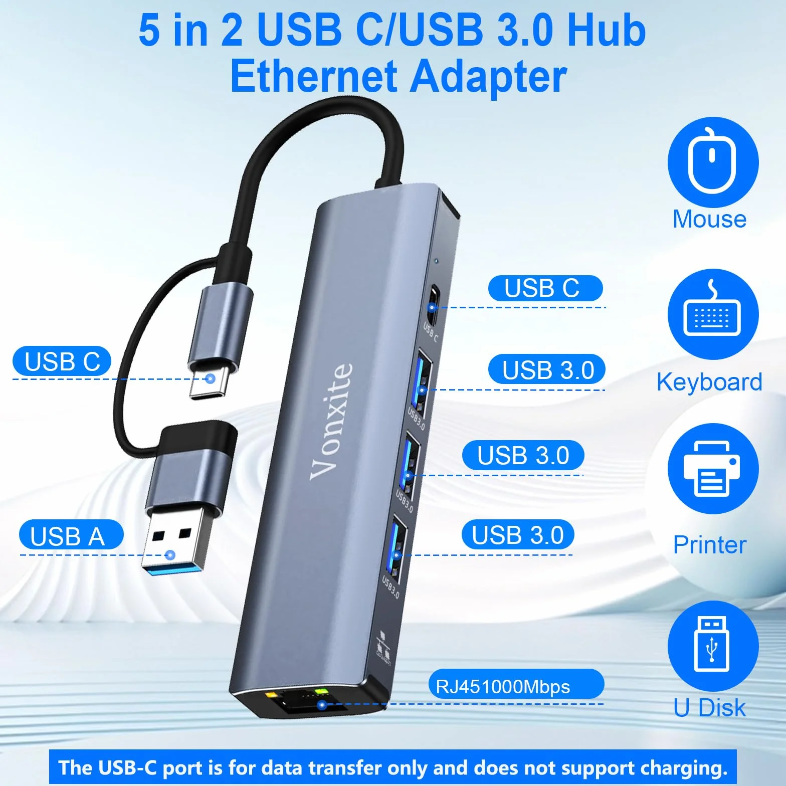 Adaptateur USB Ethernet 5 en 1 Type-C vers RJ45 Gigabit 1000 Mbps HUB LAN 3 Ports USB 3.0