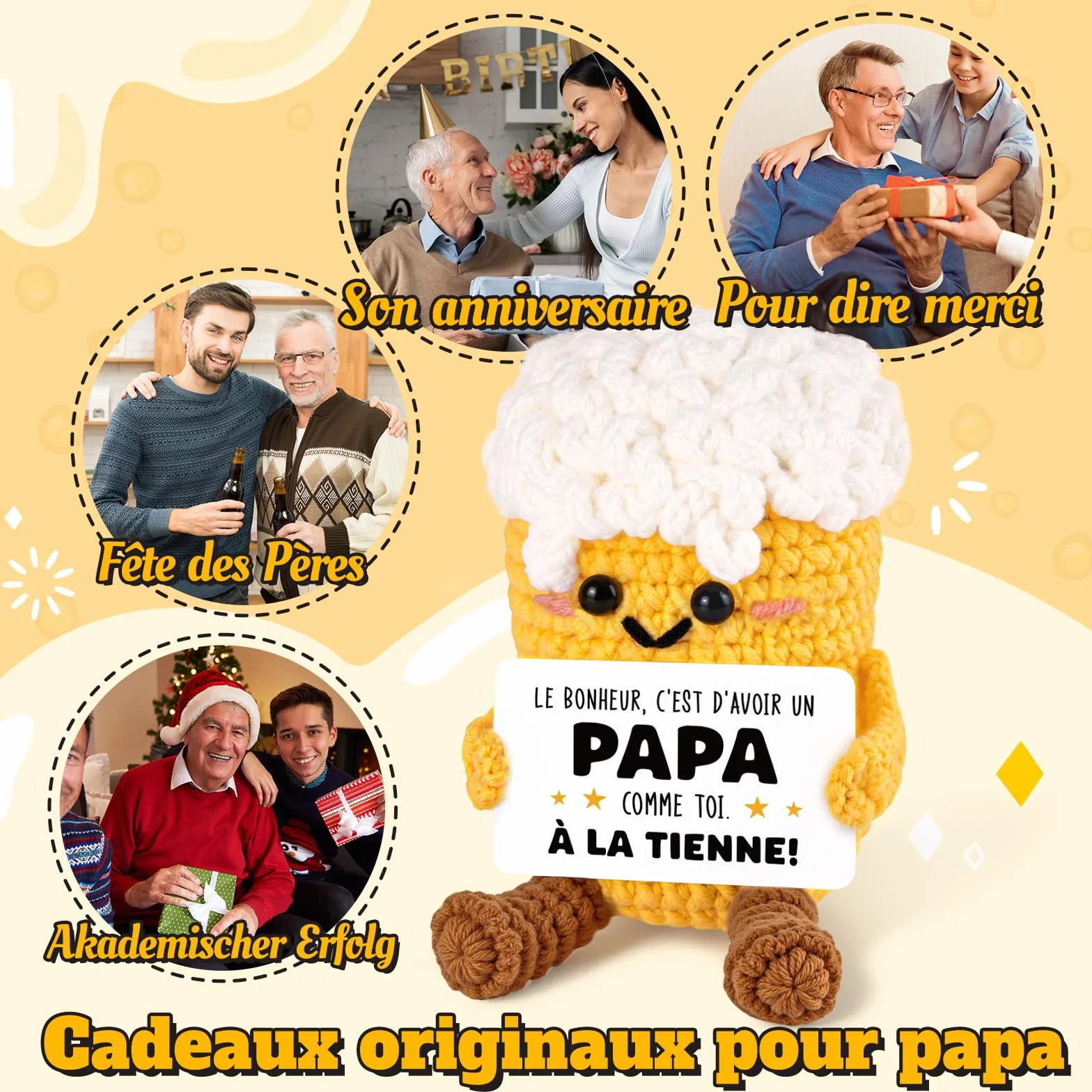 Cadeau Anniversaire Papa Forme de Bière Artisanale au Crochet Fête des Pères 4.6x8x5.3cm