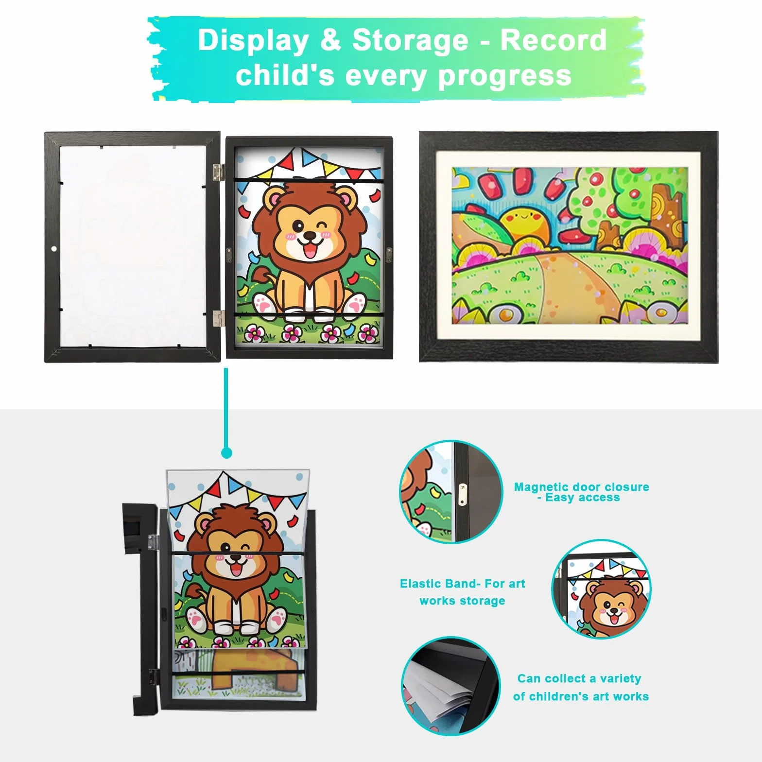 Cadre Photo pour Dessins d'Enfants A4, Ouverture Frontale, Fixation Murale, Noir