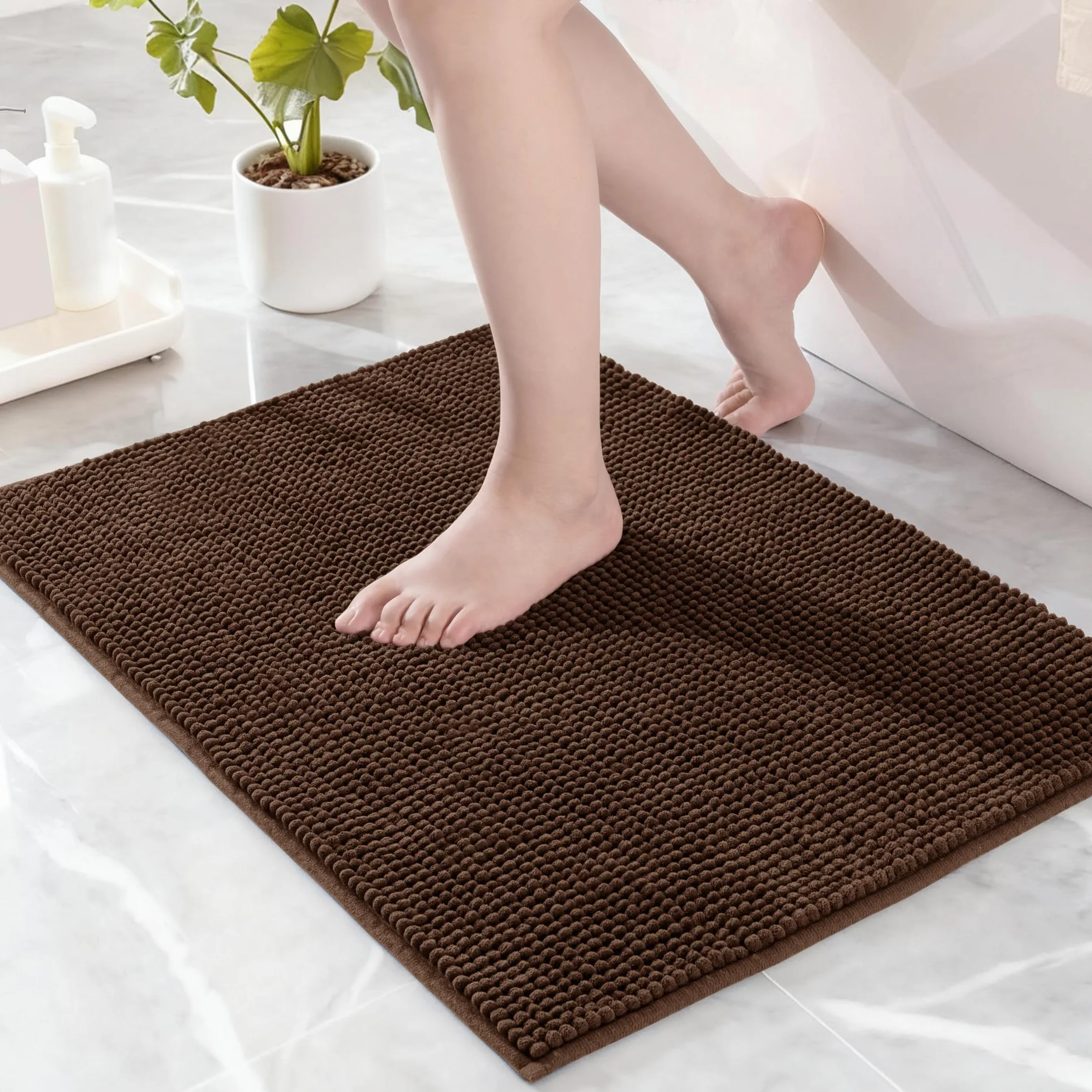 Tapis de Bain en Chenille 40 x 60 cm Marron Antidérapant Absorbant Séchage Rapide Lavable en Machine