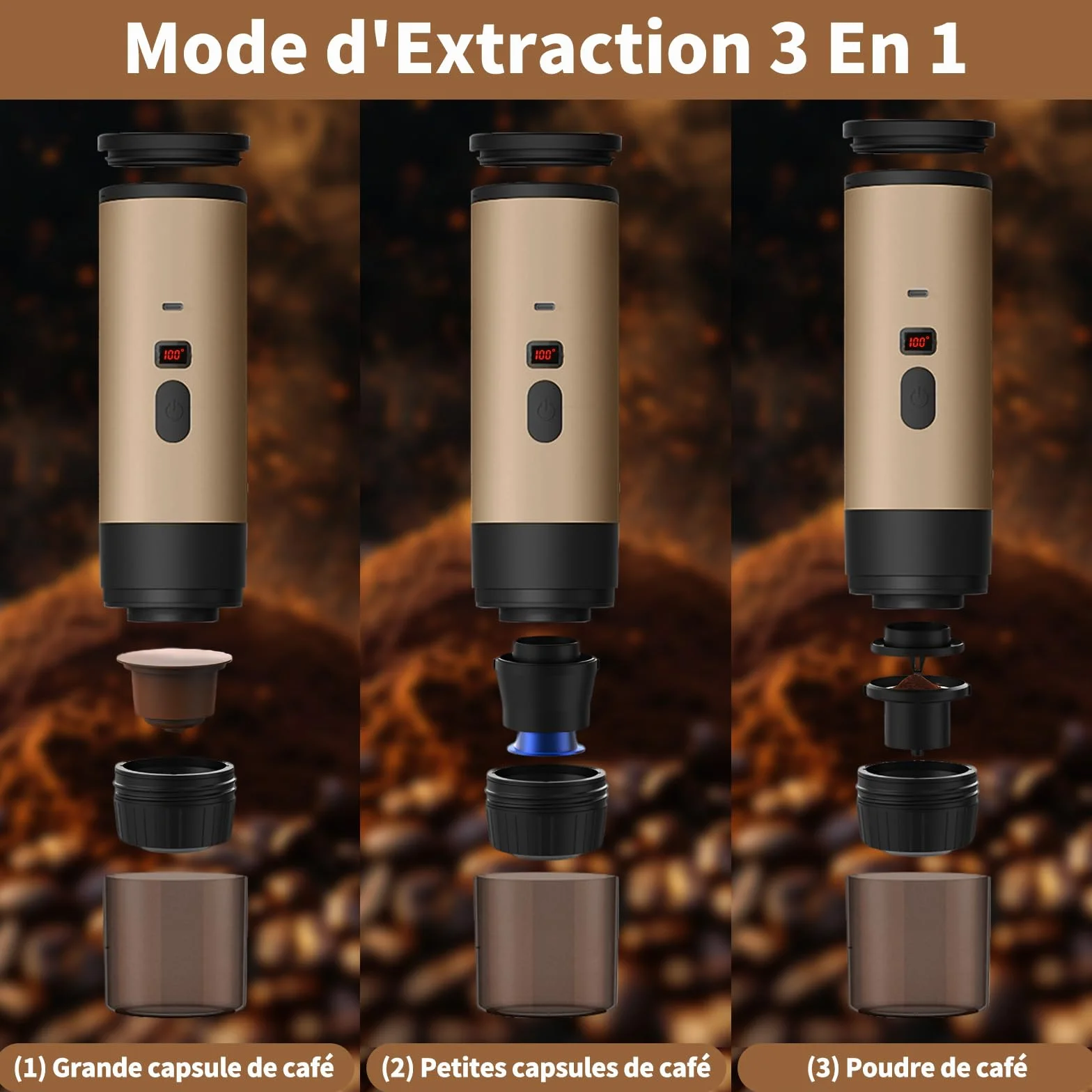 Machine a Cafe Portable avec Support,Cafetière Portable 3 en 1,Affichage Intelligent Machine a Cafe Compatible avec Cup et Café Moulu (Marron)