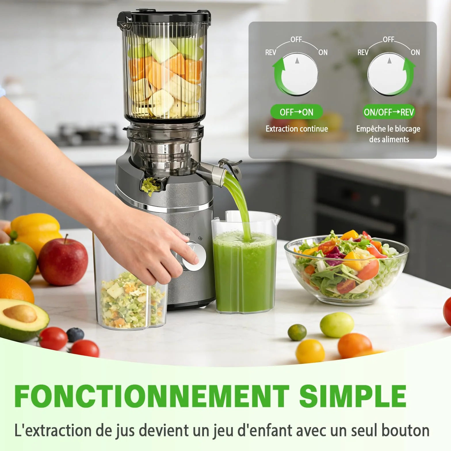 Extracteur de Jus de Fruits et Légumes, Centrifugeuse extracteurs de Jus à Froid, avec Goulotte XXL 130MM et Capacité de 2L, Rendement Élevé de 90%, Inclut Brosse de Nettoyage