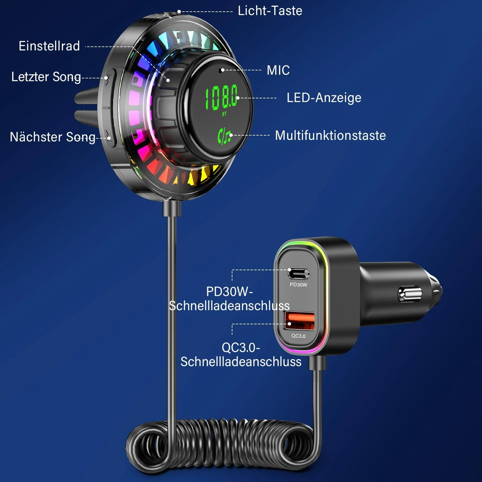 Adapter Bluetooth samochodowy transmiter FM ze światłem RGB – zestaw głośnomówiący Bluetooth 5.3, PD30W USB-C i QC3.0, ładowarka samochodowa, adapter Bluetooth do iPhone Android radio samochodowe