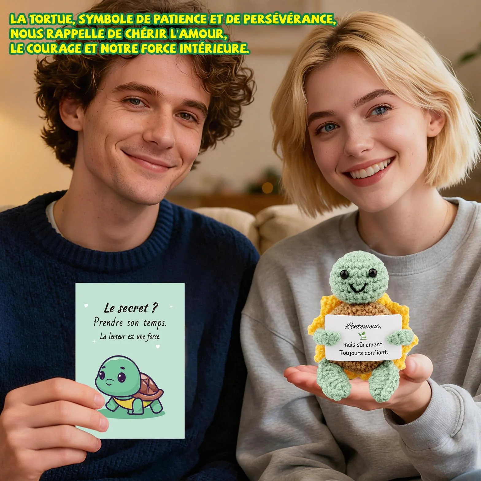 Tortue Positive Poupée Tortue en Français au Crochet avec Porte Clés et Carte Cadeau Femme Original