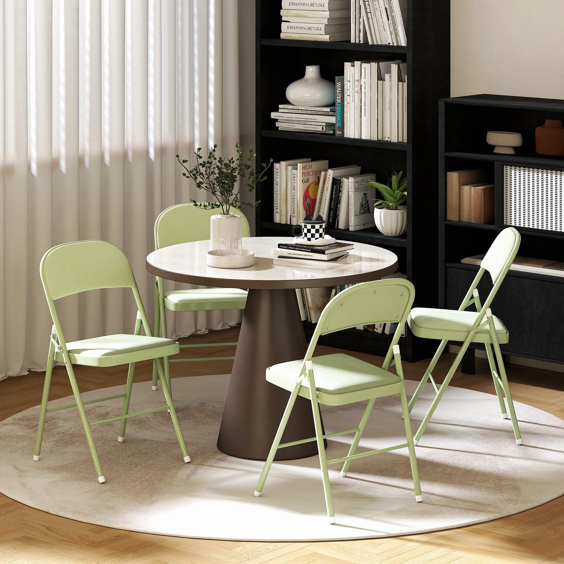 HOMCOM Lot de 4 chaises Pliantes chaises de Salle à Manger Portables intérieur avec assises et dossiers rembourrés en Velours et Cadre en Acier, Charge jusqu'à 120kg, Vert