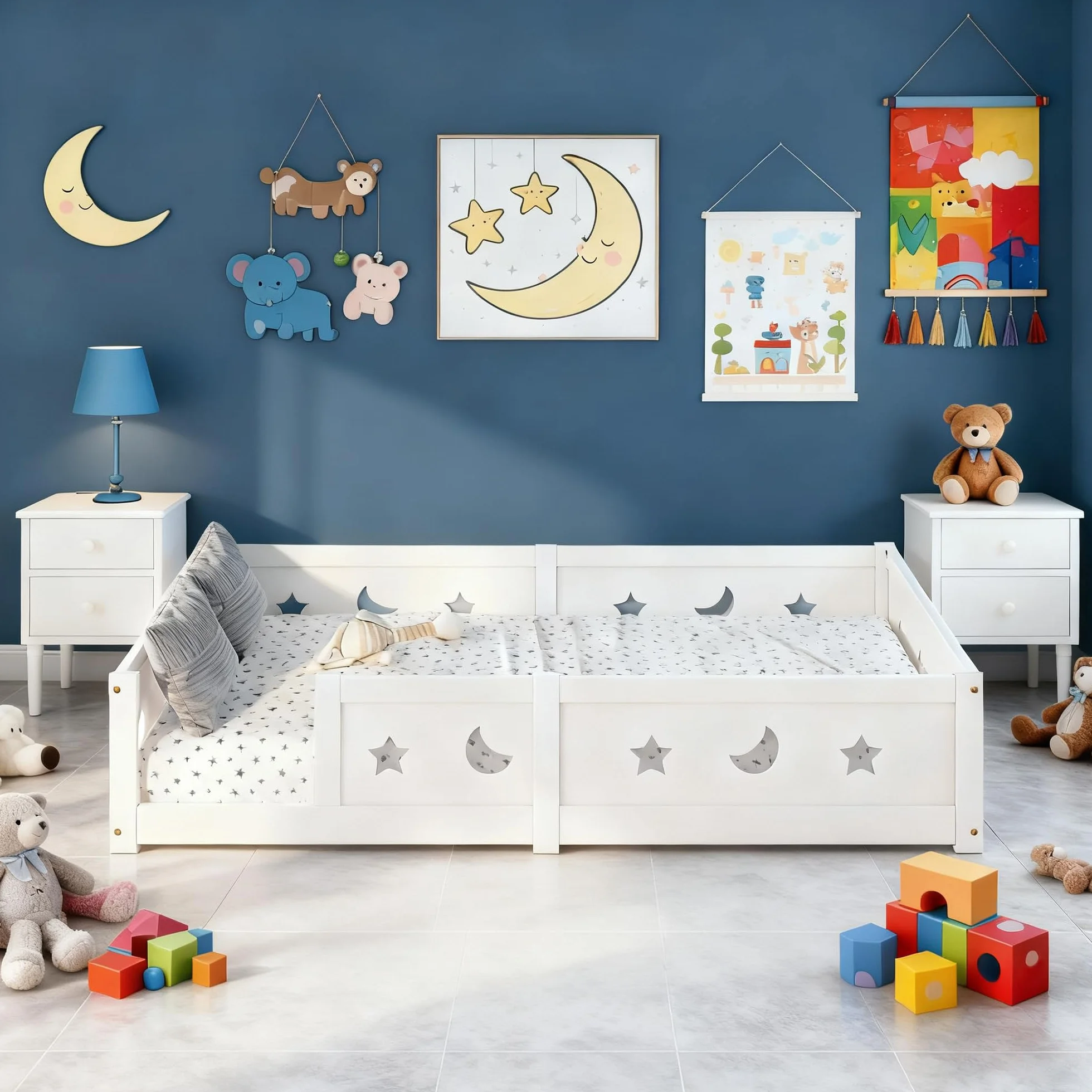 Lit au Sol d'inspiration Montessori 90x200cm,Lits Enfant en Bois avec Barrière de Sécurité et Sommier à Lattes,Lits Simple pour garçons et Filles,Design Minimaliste,Blanc