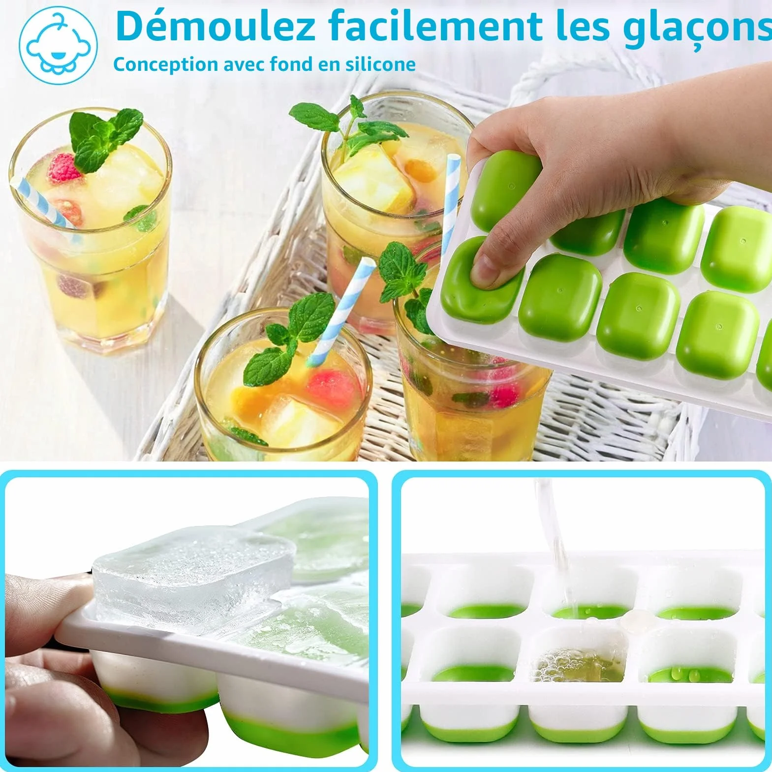 Lot de 4 Moules à Glaçons avec Couvercle en Silicone, Certifié LFGB et Sans BPA