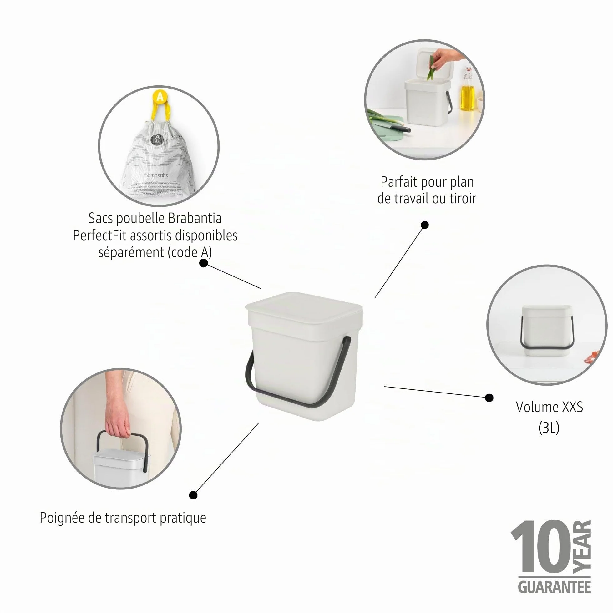 Brabantia Poubelle Sort & Go 3L Gris clair Système tri déchets poignée transport