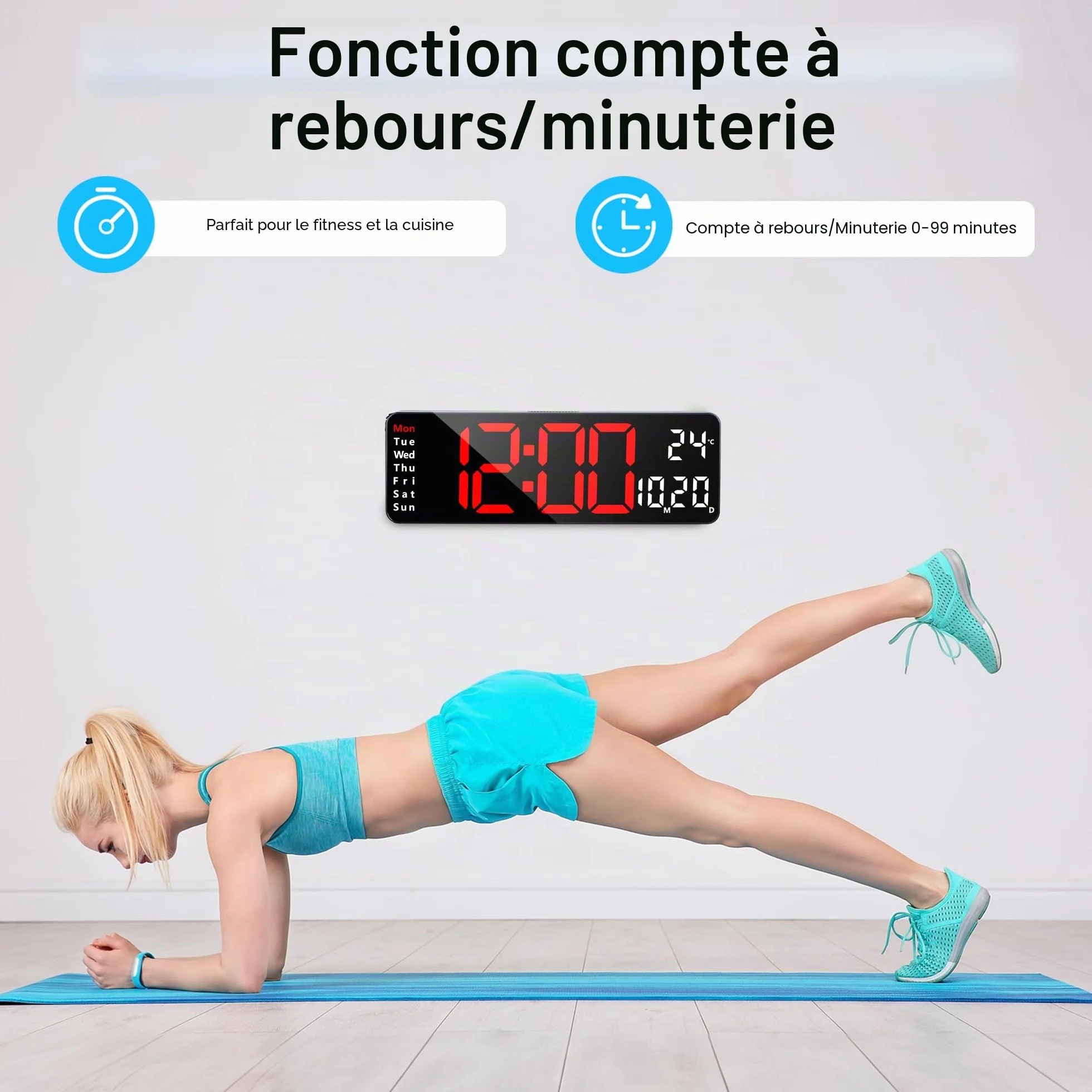 Lafocuse Horloge Numérique Murale LED 32cm avec Télécommande Température Date Jour Alarmes 12/24H Luminosité Réglable Rouge