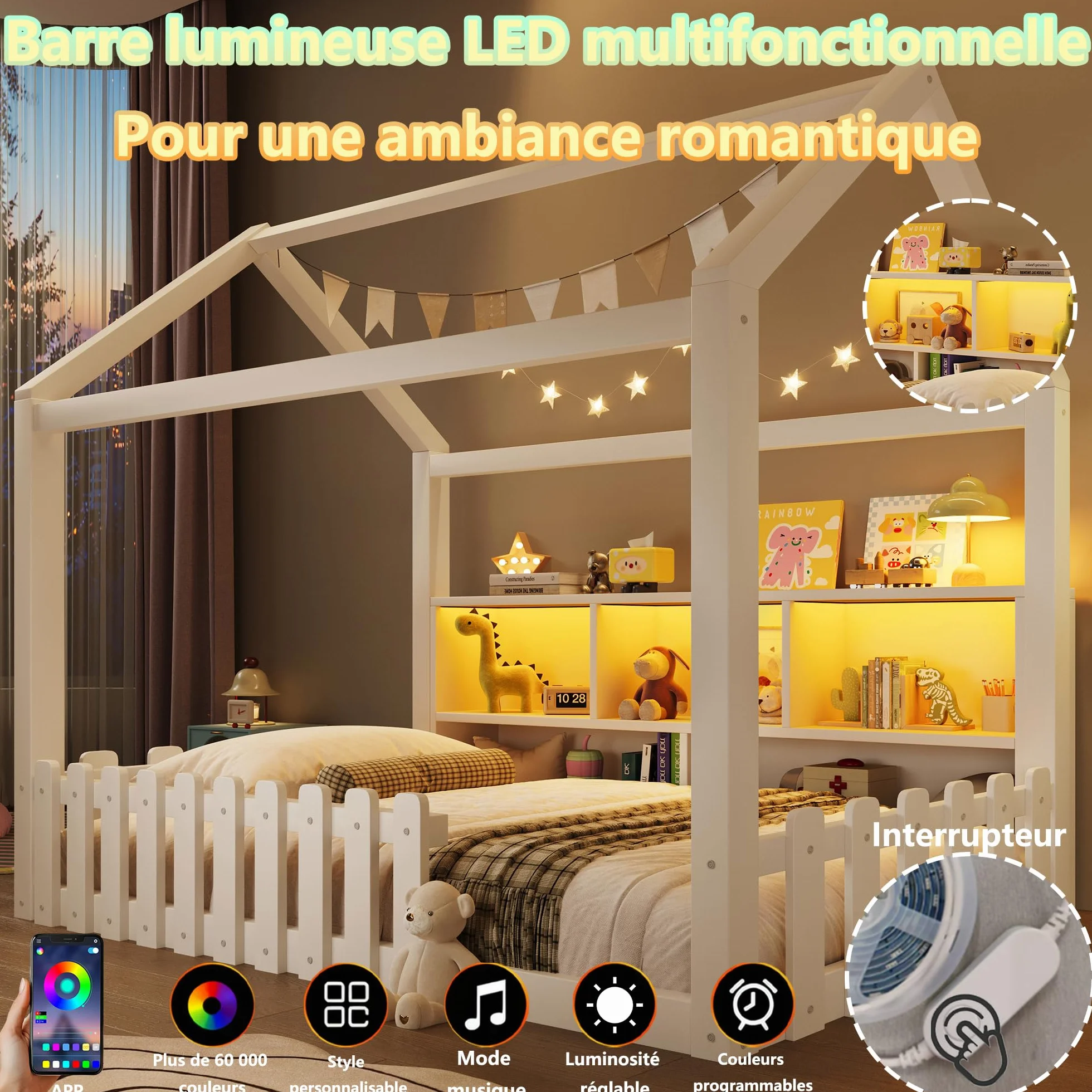 Sapgaks Lit Enfant avec éclairage LED,barrière de sécurité,Compartiments de Rangement Ouverts,lit cabane Enfants 90x 190 en pin,Cadre de lit 90 x 190 avec sommier à Lattes (Blanc 90x190)