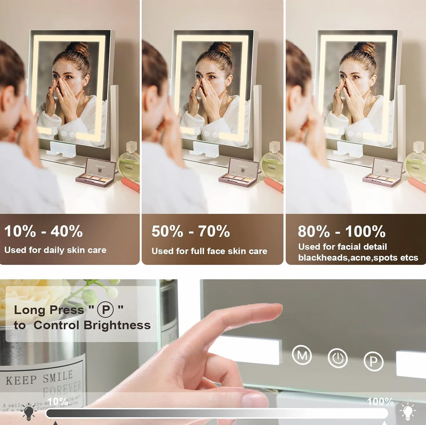 Kottova Miroir de Maquillage avec lumières, Miroir de Table 30x36 cm, 3 Modes d’éclairage réglables par capteur Tactile, Miroir grossissant Amovible 15X (Petit miroi Rond), Cadre en métal – Blanc