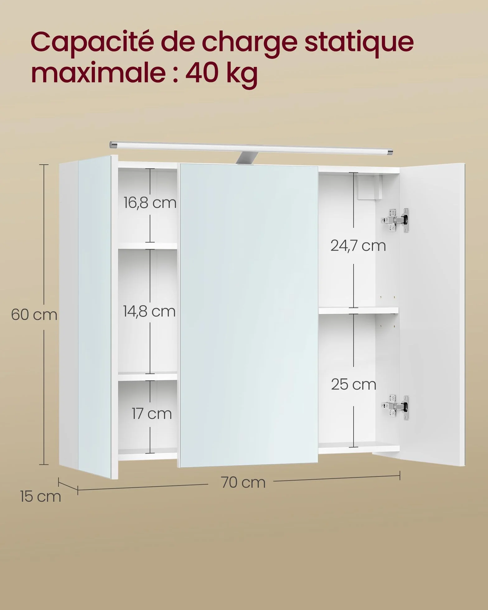 VASAGLE Kailyn Collection - Armoire Murale à 3 Portes Miroir avec Éclairage, Meuble de Salle de Bain, Étagères Réglables, Style Moderne, 15 x 70 x 60 cm, Blanc Nuage BBK139WB01