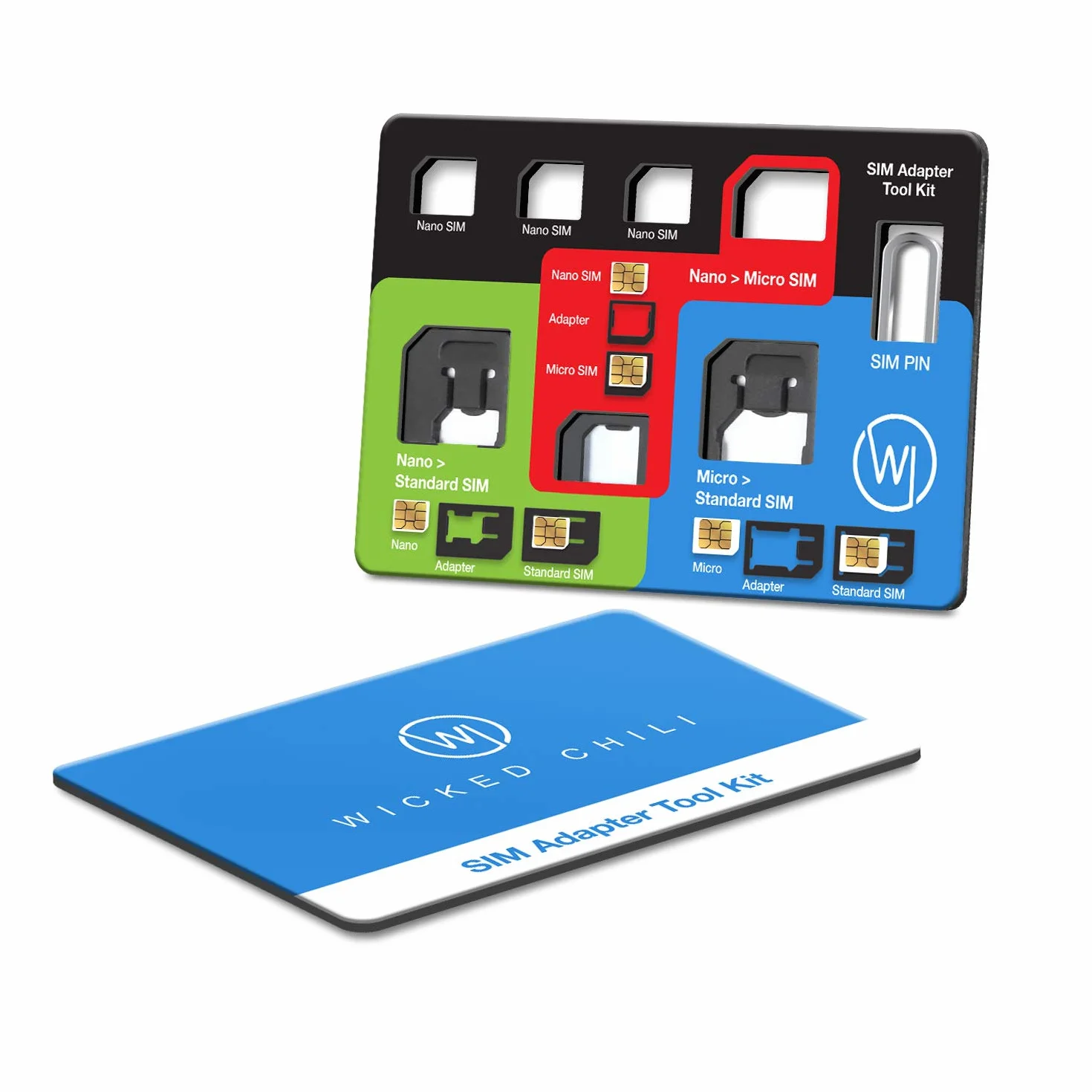 Wicked Chili 8 w 1 Multi SIM-Card Tool do wszystkich kart SIM, z 3 adapterami SIM, przegródką do przechowywania 3 nano i 1 karty micro SIM i igłą SIM, zestaw podróżny w formacie karty kredytowej