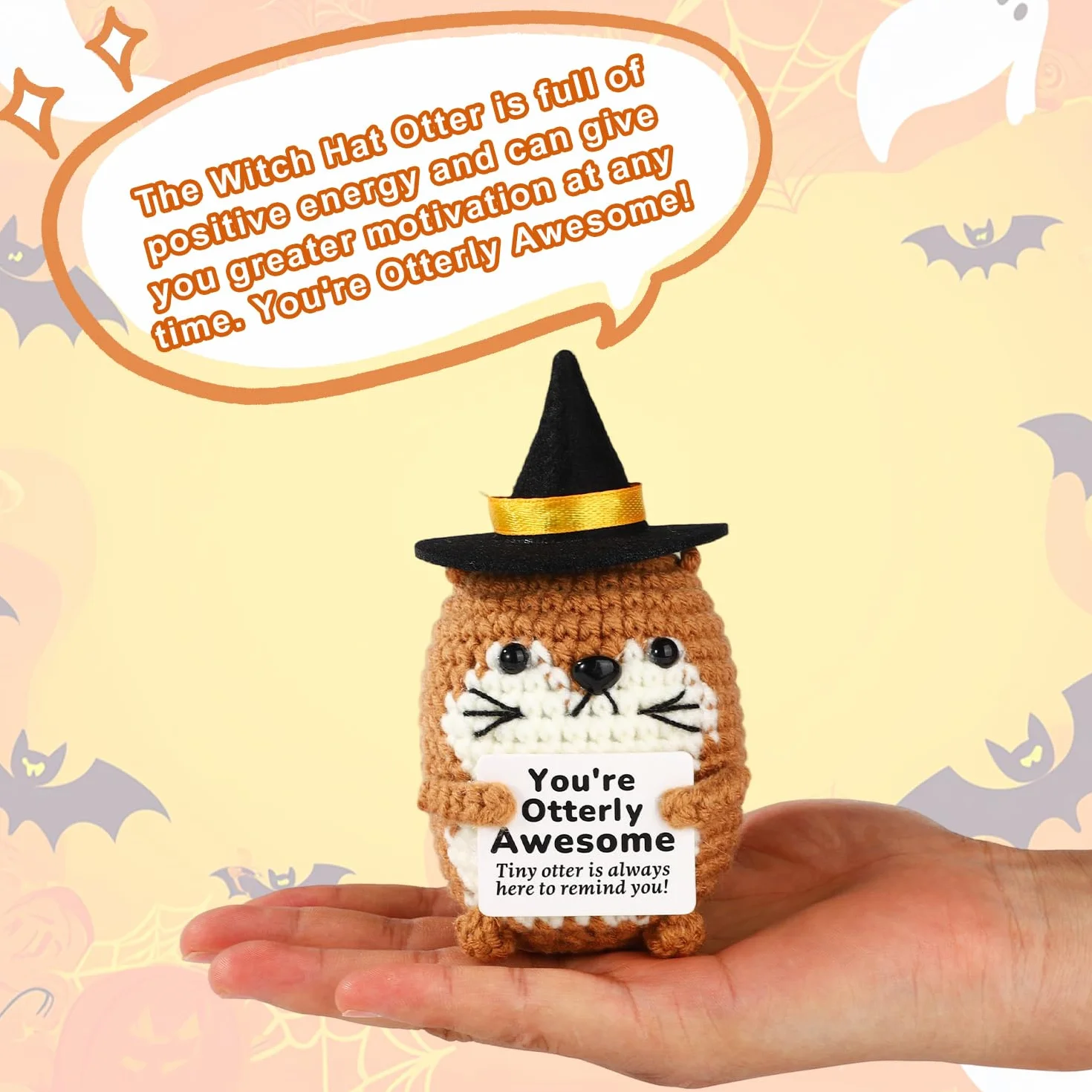 TOYMIS Loutre de Mer Tricotée Artisanal Positive Chapeau Sorcière Halloween Mignon Poupée Soutien Émotionnel (Marron)