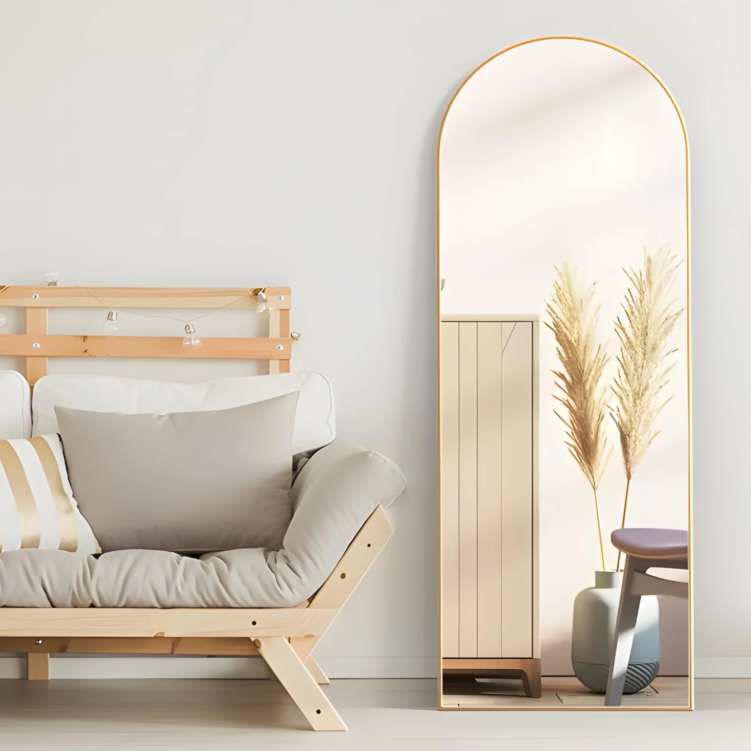 Grand Miroir Pleine Longueur Arqué 162 x 53 cm Doré Mural avec Support Suspendre ou Appuyer