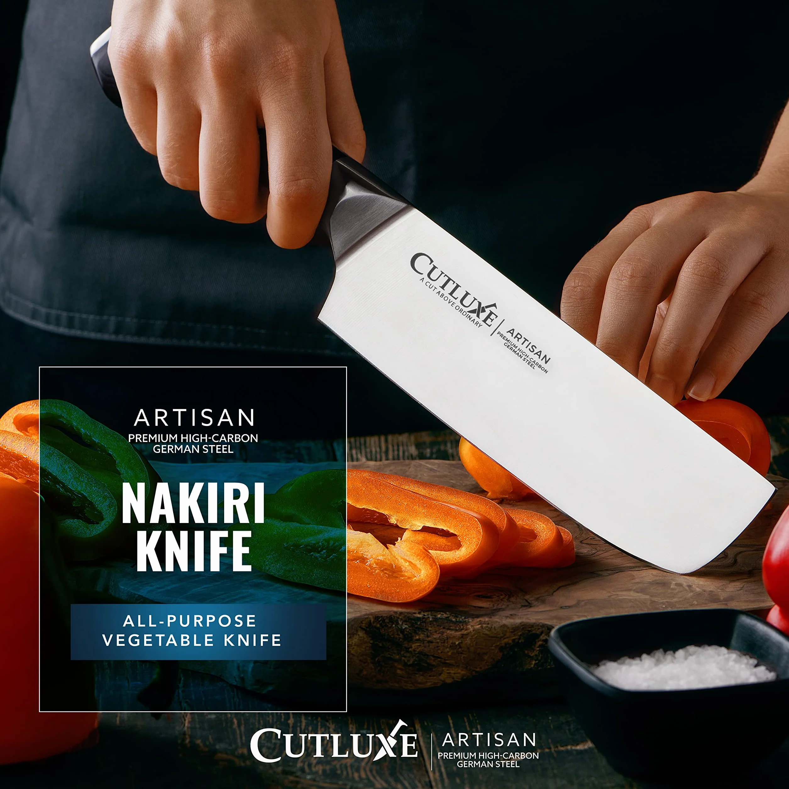 Cutluxe Couteau Nakiri - Couteau Japonais 18 cm, Couteau de cuisine professionnel pour hacher, découper et trancher - Tranchant rasoir & soie complète - Design ergonomique du manche - Série Artisan
