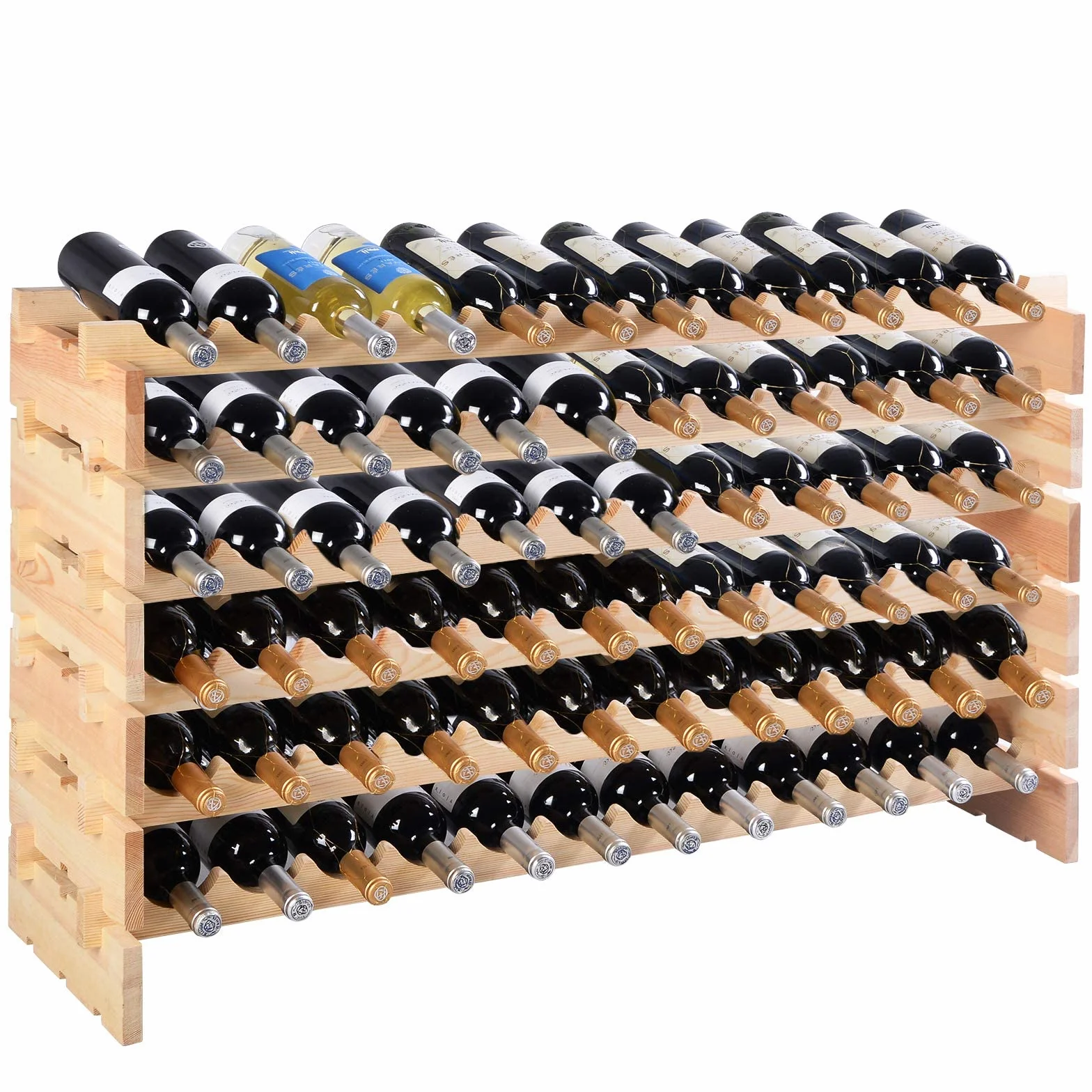 COSTWAY Casier à Bouteilles pour 72 Bouteilles, Étagère à Vin en Bois de Pin, Porte-Bouteilles à 6 Niveaux Modulable et Extensible, Range Bouteille Robustes pour Cave, Cuisine, Bars, Naturel