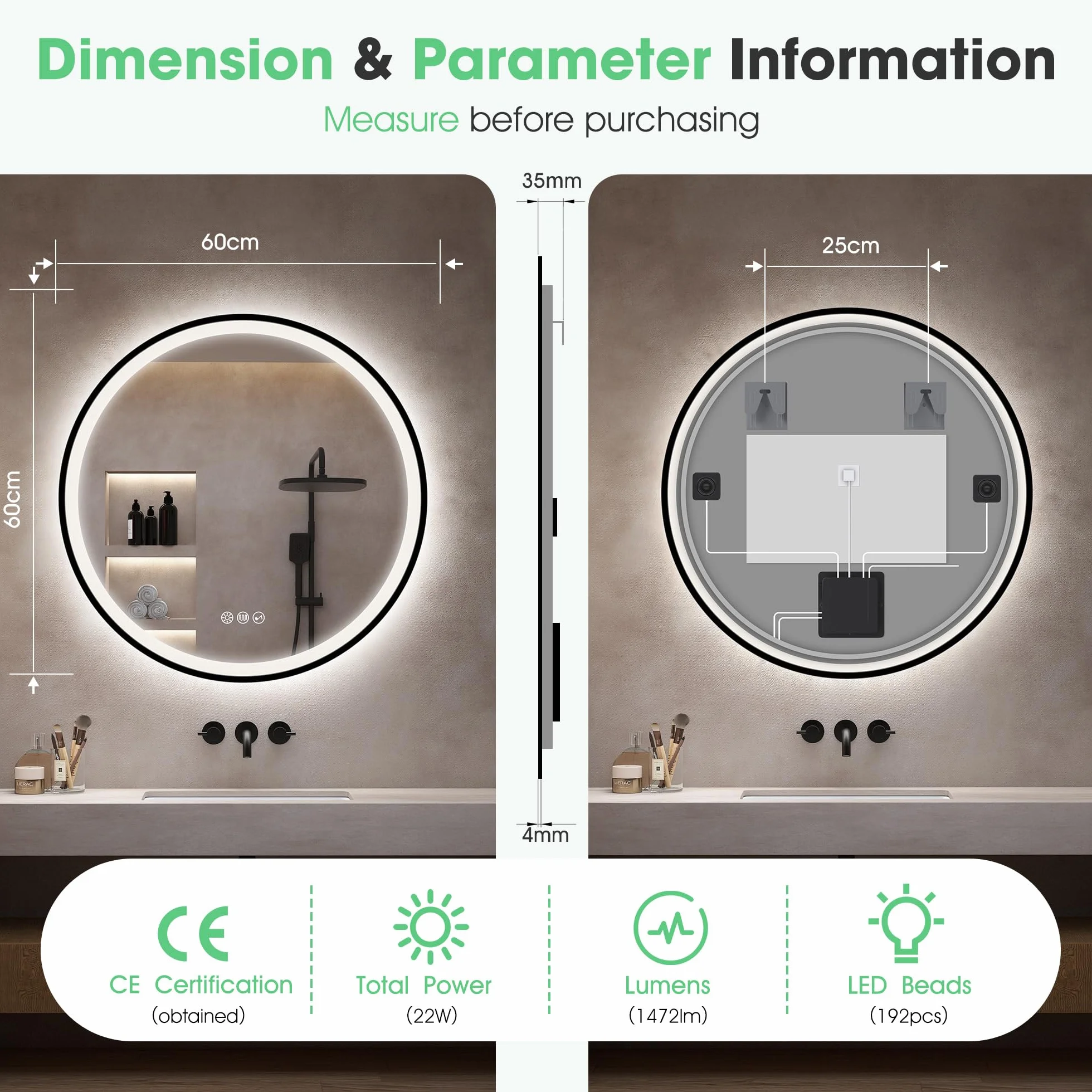 S'bagno Miroir-Rond-Salle-de-Bain-avec-éclairage 60cm, Rond-Miroir-LED-avec-Bluetooth, Antibuée, 3 Couleurs Lumières, Dimmable, Mémoire Lumière, IP44, Verre Trempé, Cadre Fer Noir