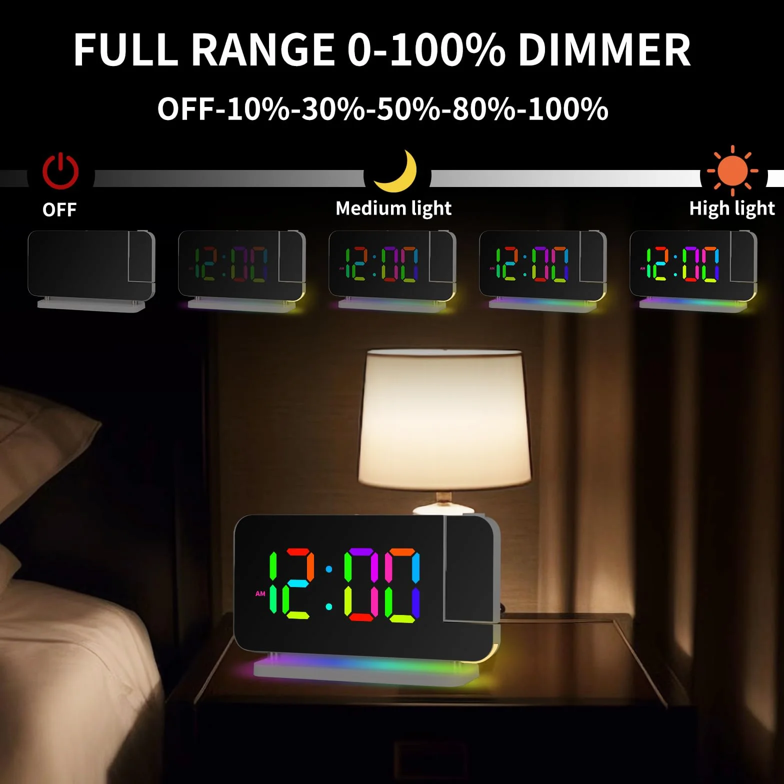 Horloge Projection Numérique LED RGB Réveil Lumière d'Ambiance 7 Couleurs avec Adaptateur