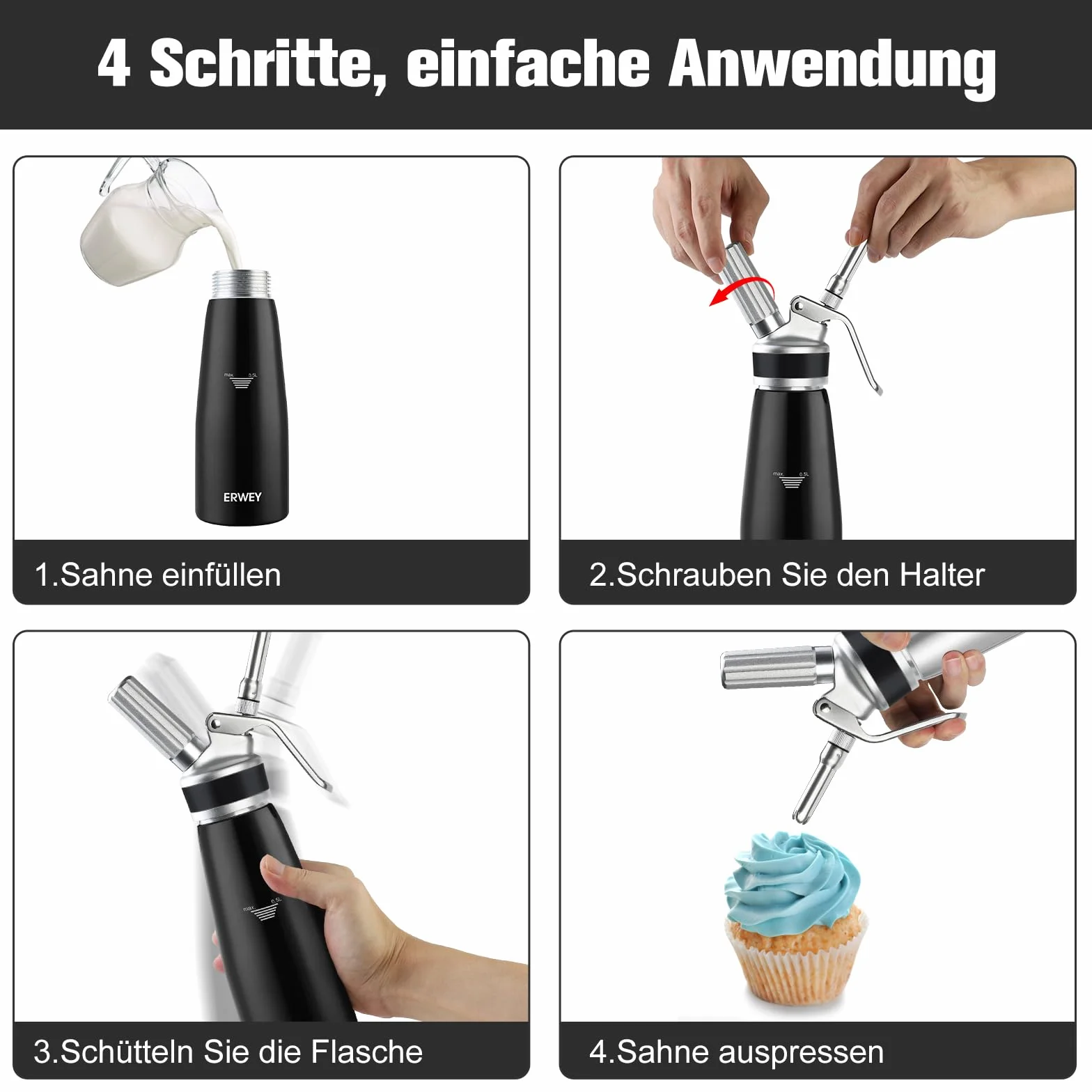 ERWEY Siphon Chantilly 500ml, Siphon à Chantilly en Aluminium, Siphons de Cuisine avec 3 Douilles et 1 Brosse de Nettoyage, Siphon de Chantilly pour Décoration Patisserie et Desserts (Noir)