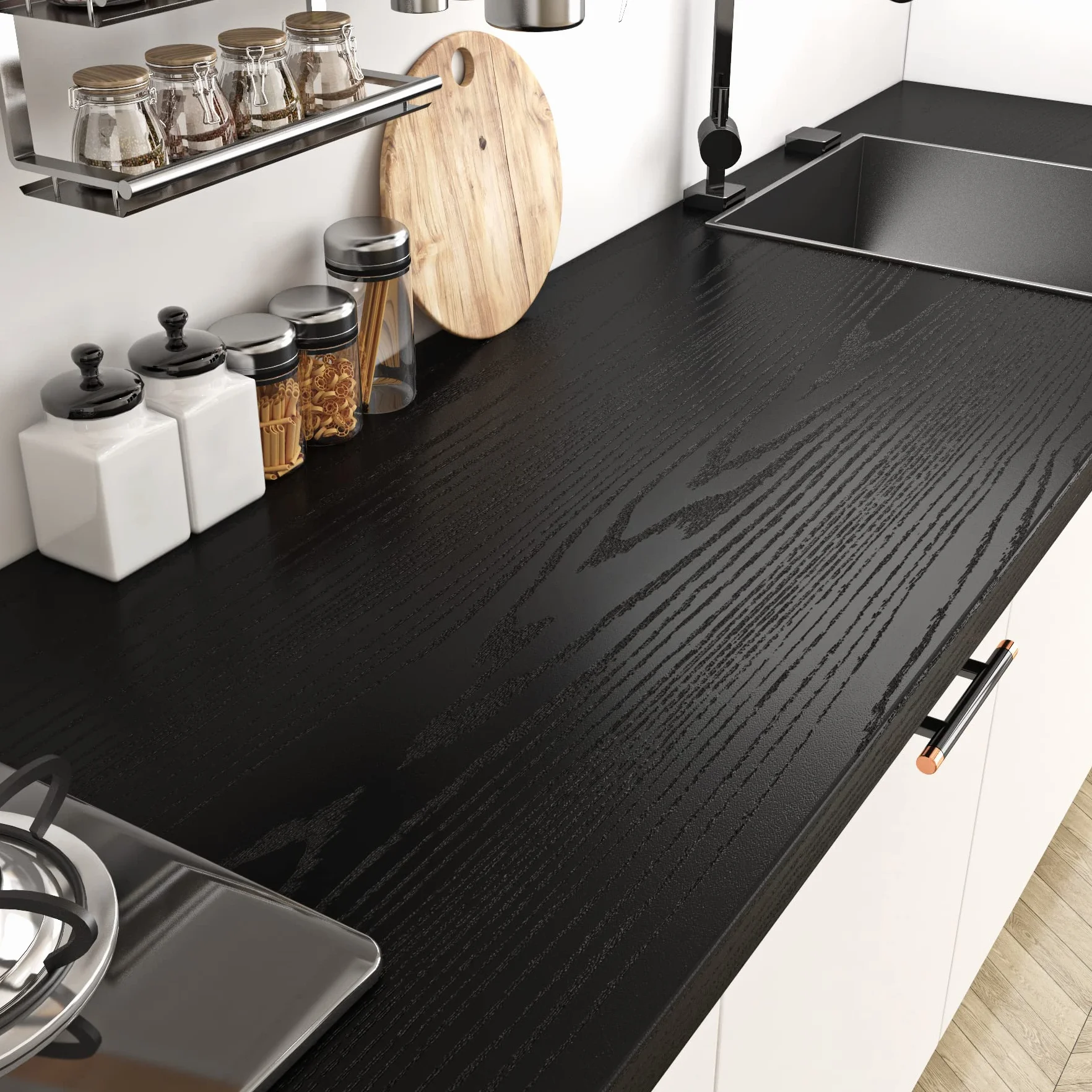 Livelynine Revêtement Plan de Travail Adhésif Bois Noir 60cm x 500cm Papier Adhésif Cuisine Armoire