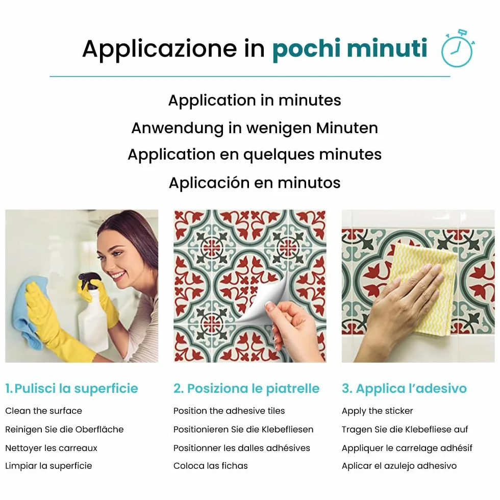 Stickers Carrelage Cuisine et Bain PVC Imperméables Anti-rayures Autocollants Mur Peel and Stick 24 Pcs 10x10 cm Made in Italy