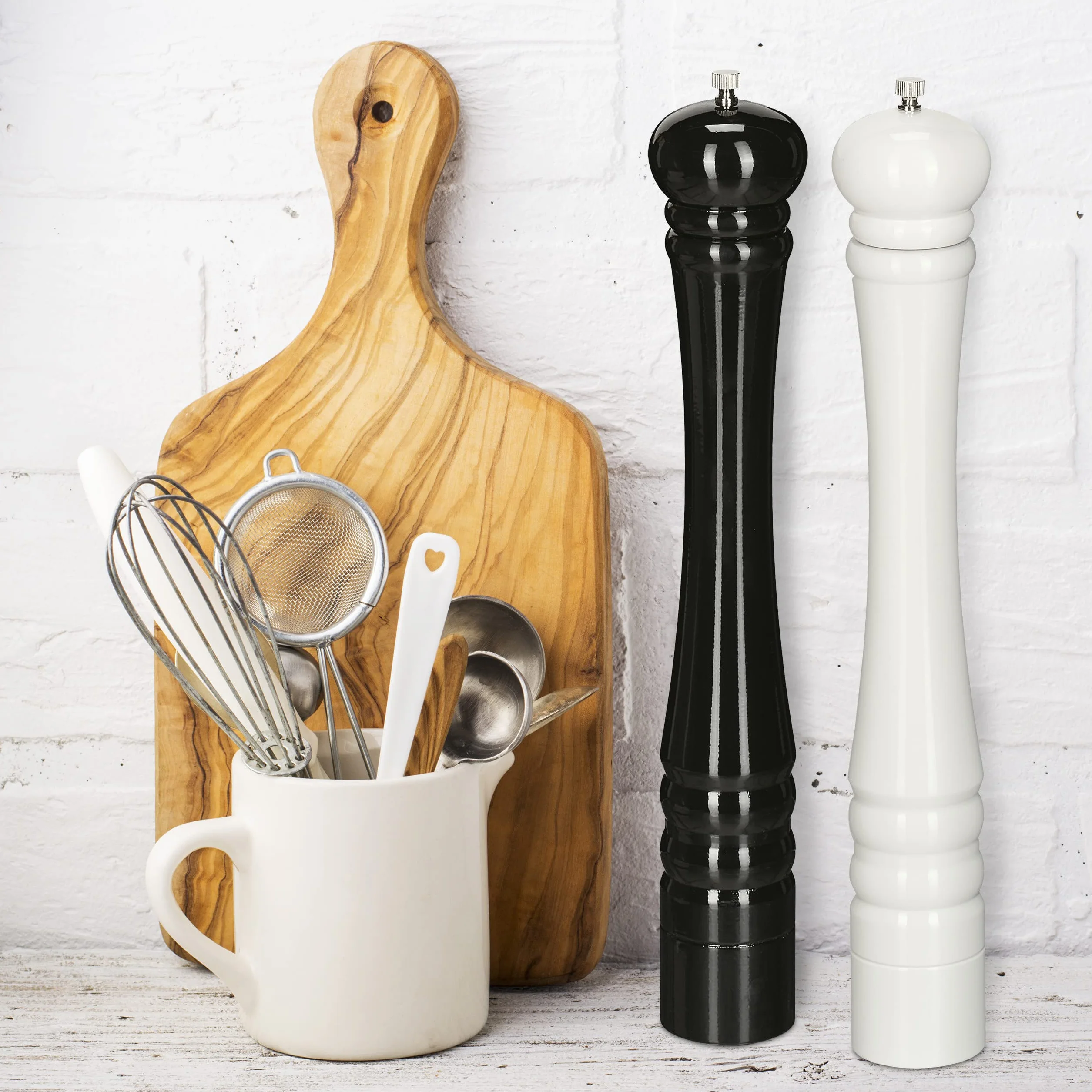 Relaxdays Salière et poivrière, Lot de 2, 40 cm, Moulin en Bois, Manuel, Moulin avec broyeur en céramique, Noir/Blanc
