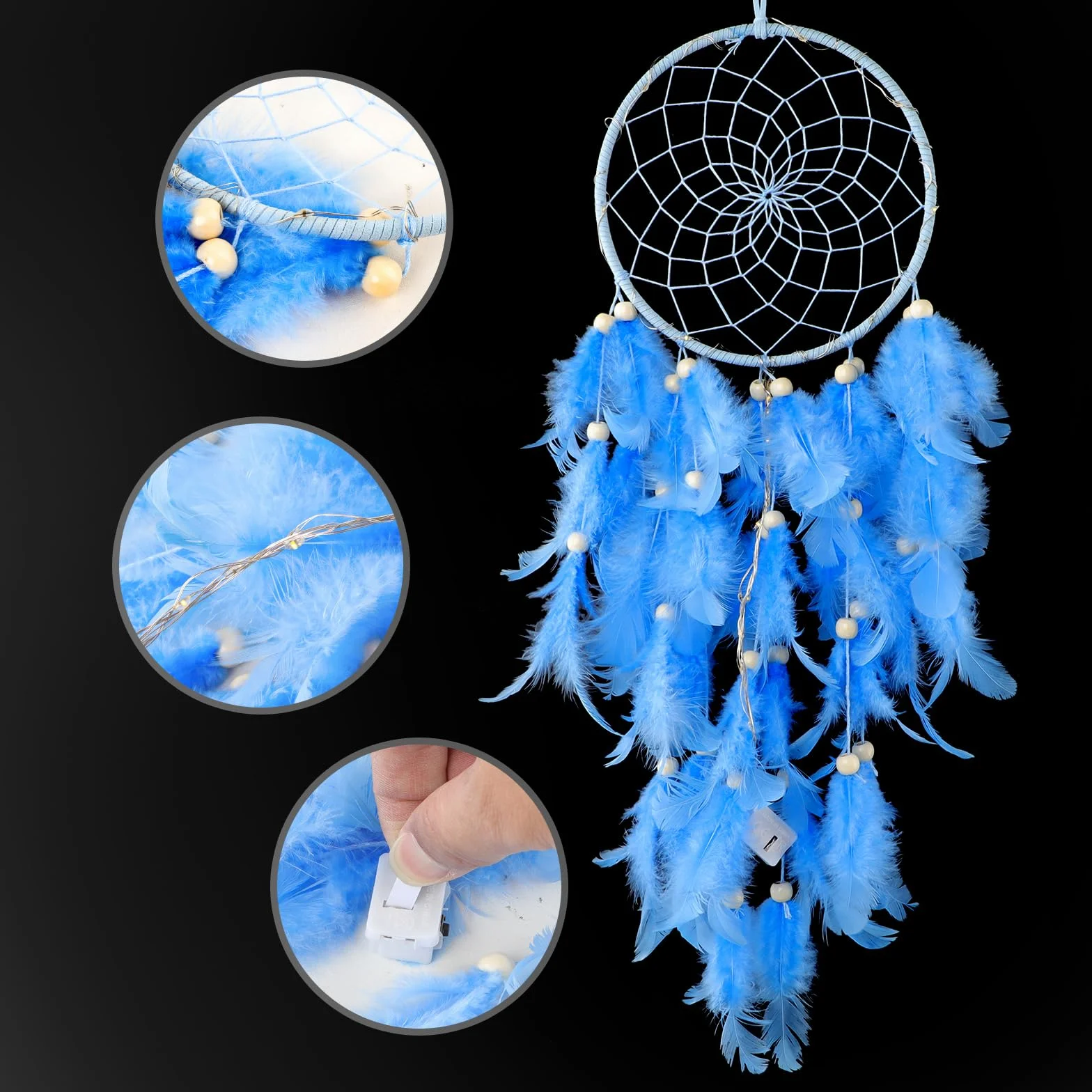 Attrape-rêves en plumes LED bleu - Décoration murale bohème